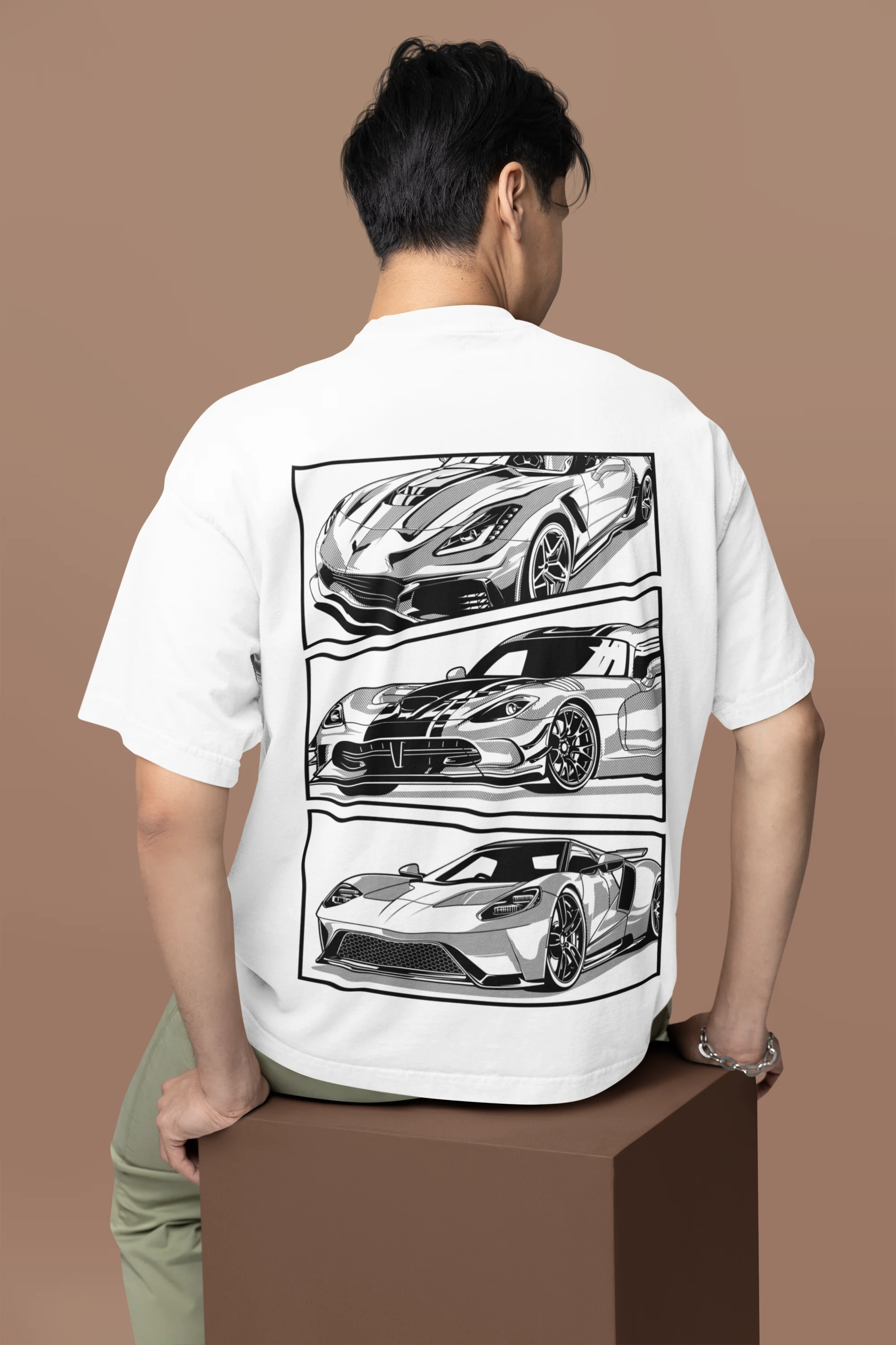 Oversized Graphic Car Print Light Green, White T-Shirt