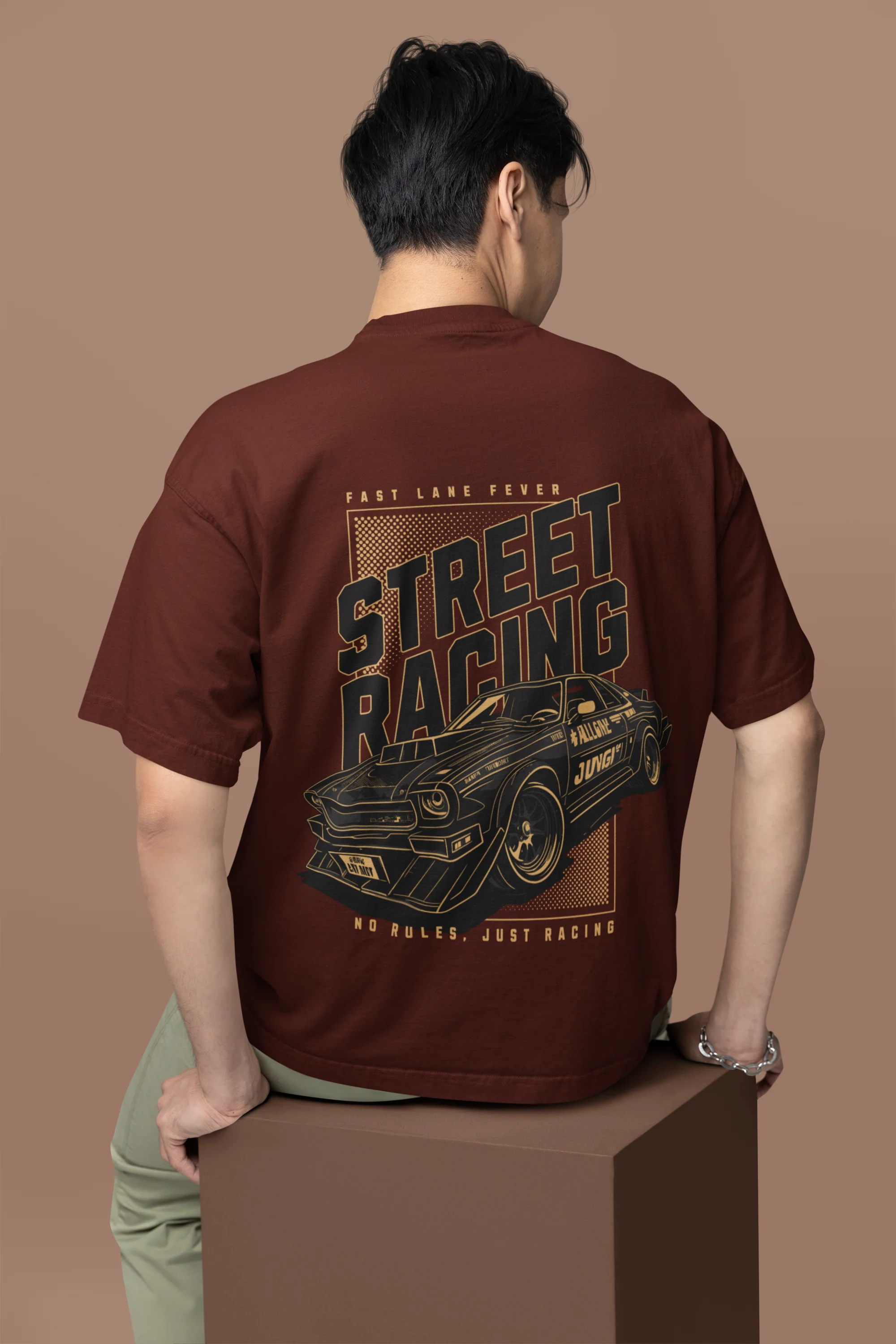 Oversized Street Racing Graphic Brown T-Shirt