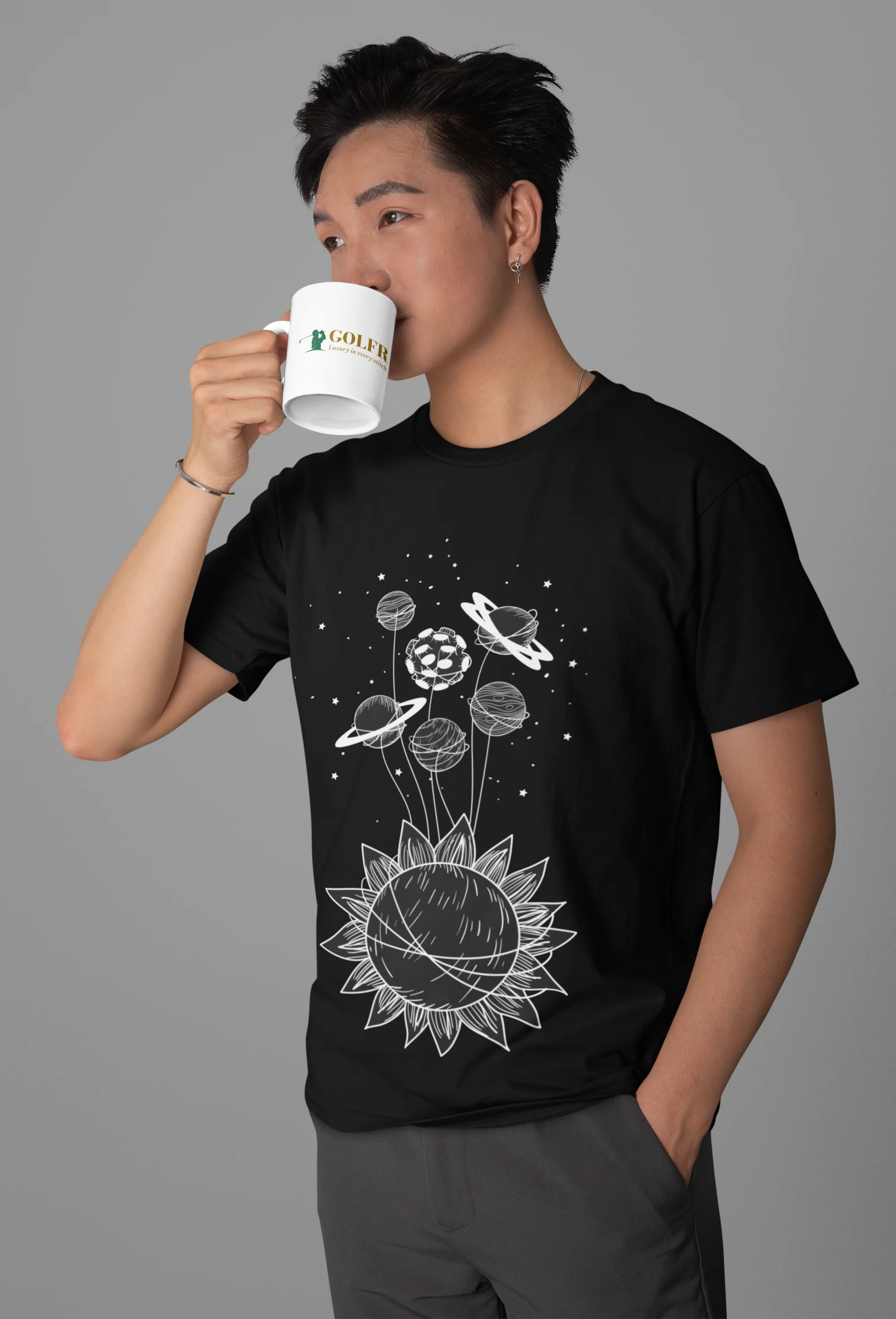 Set of Planets and Sun Graphic Black T-Shirt