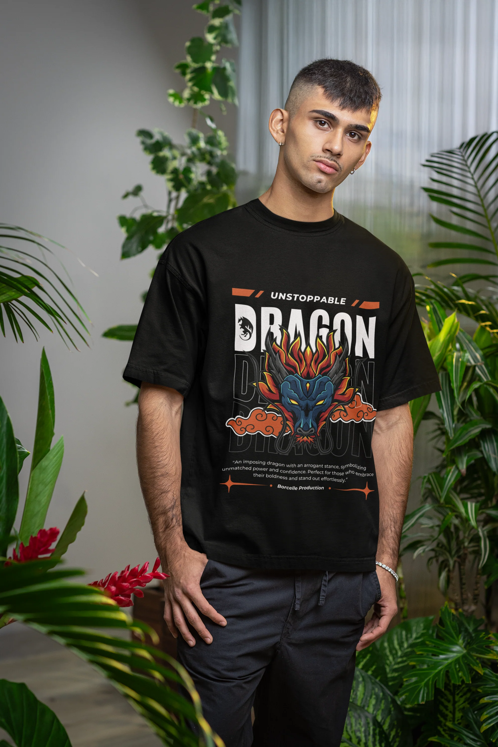 Oversized Unstoppable Dragon Graphic Black T-Shirt
