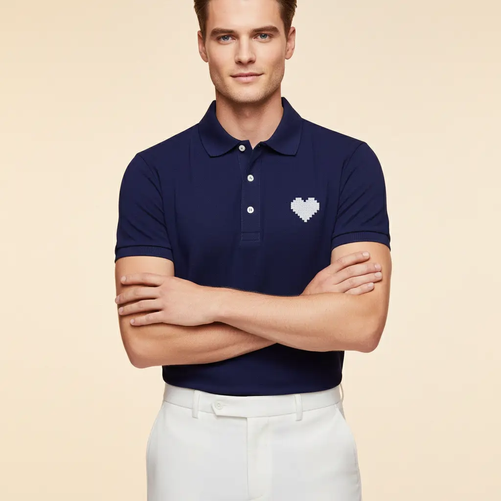 Navy Blue Heart Polo Shirt For Men
