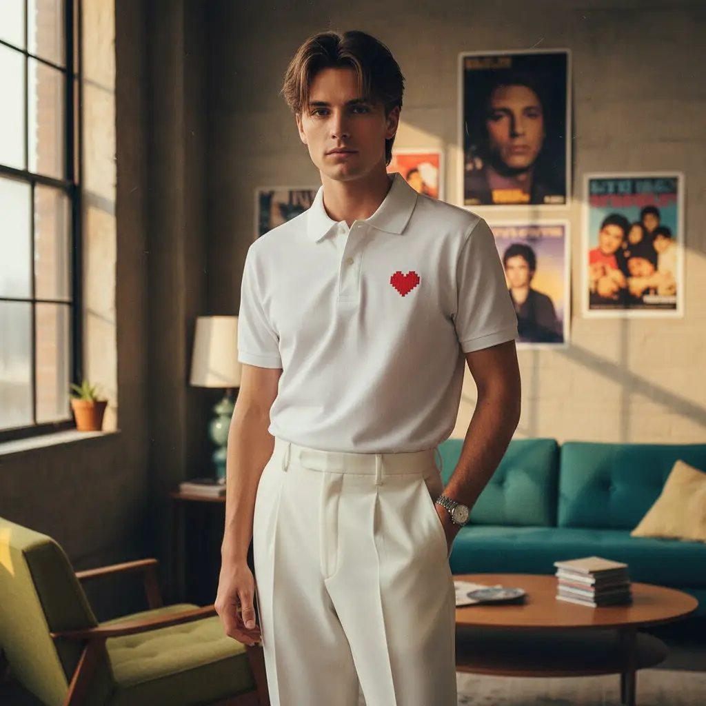 White Polo Shirt For Men with Red Heart