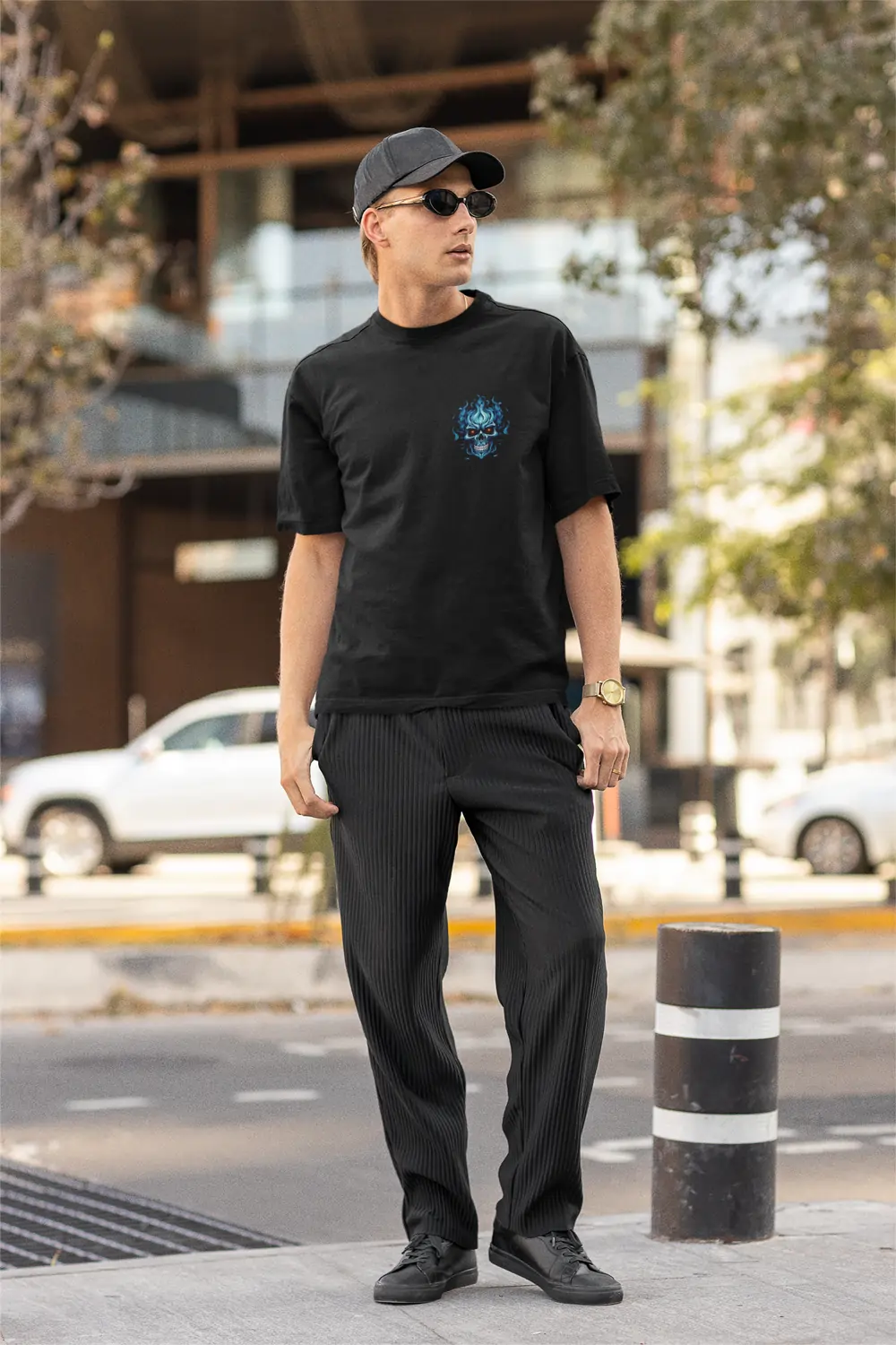 Oversized Skull Fire Graphic Black T-Shirt