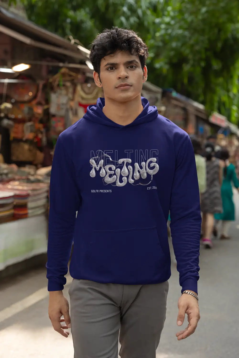 Melting Graphic Puff Print Navy Blue Hoodie
