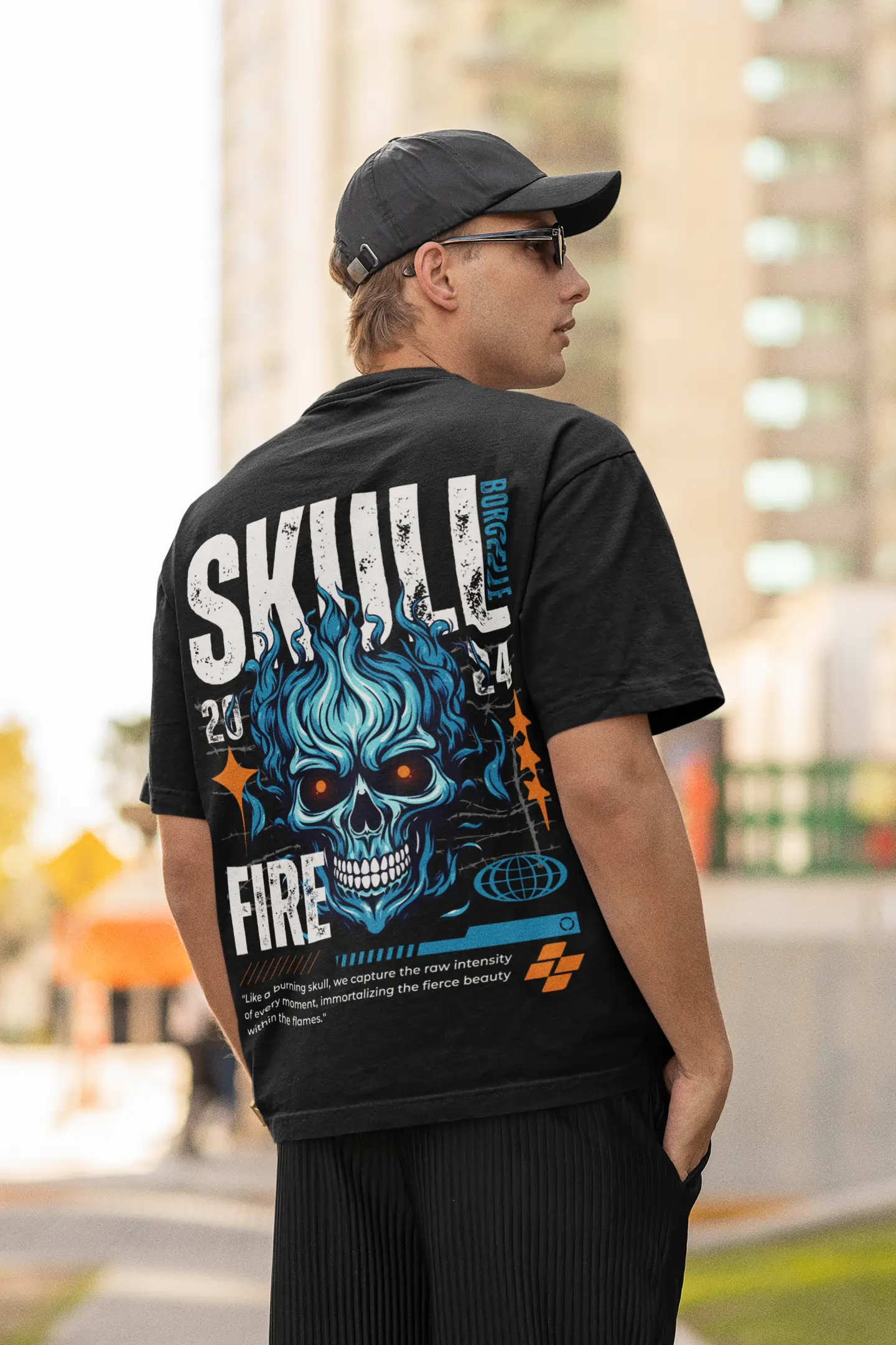 Oversized Skull Fire Graphic Black T-Shirt