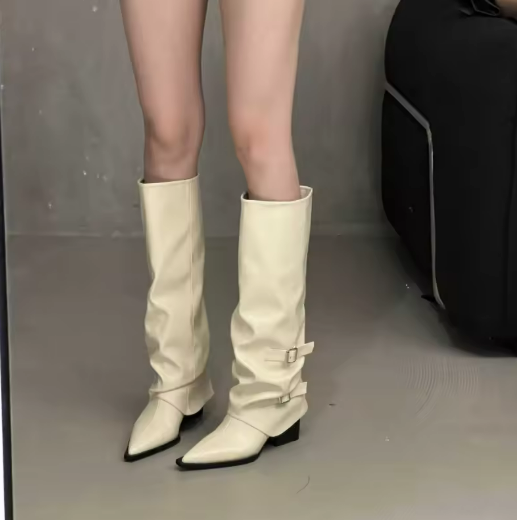 Cream-Colored Knee-High Boots