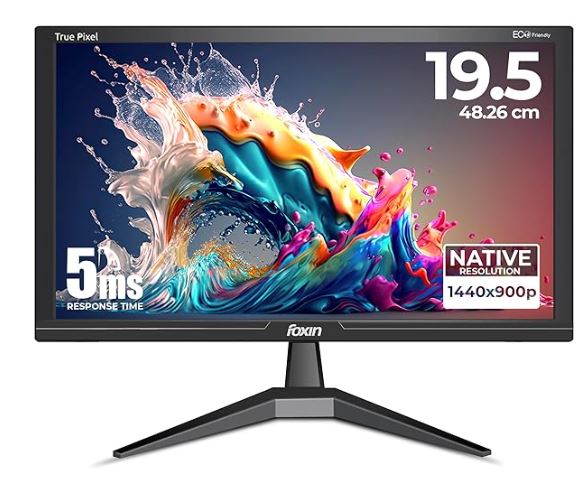 Foxin 19 Inch (48.26 cm) Crystal LED Monitor – 1440 x 900p, 5ms Response Time, 220 cd/m2 Bright, HDMI & VGA Ports, Wall Mountable, Eco-Friendly | for PC, Desktop, CCTV & More | 1 Year Warranty