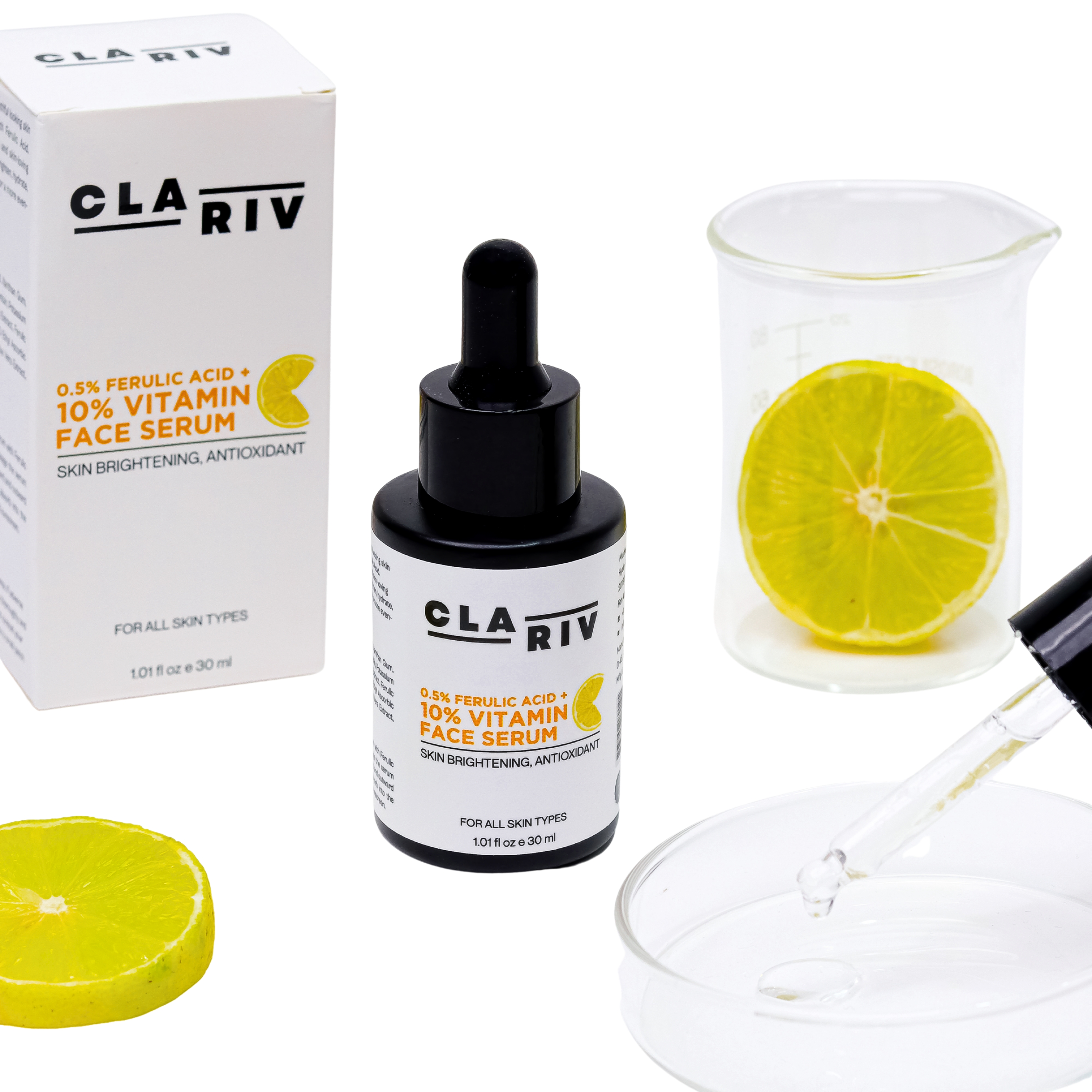 CLARIV 10% Vitamin C, 0.5% Ferulic Acid Face Serum with Powerful Antioxidants – Fights Pigmentation, Dullness & Wrinkles