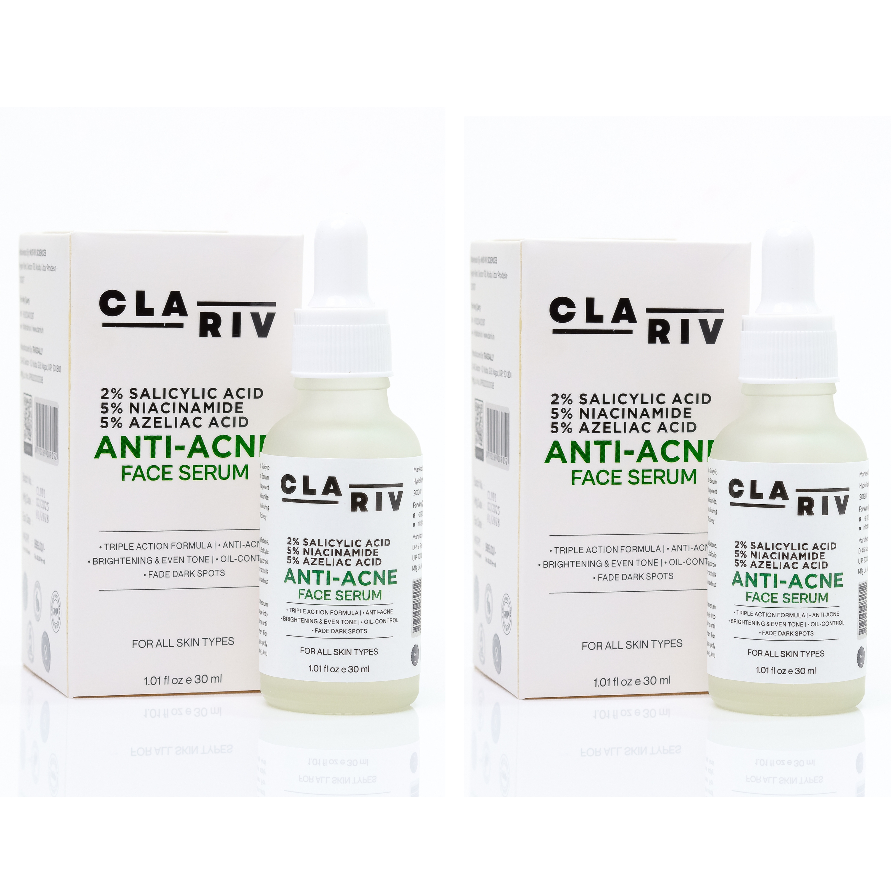 Pack of 2 CLARIV Anti- Acne Serum –  2% Salicylic Acid, 5% Niacinamide, 5% Azelaic Acid – Fights Breakouts, Clears Pores & Brightens Skin