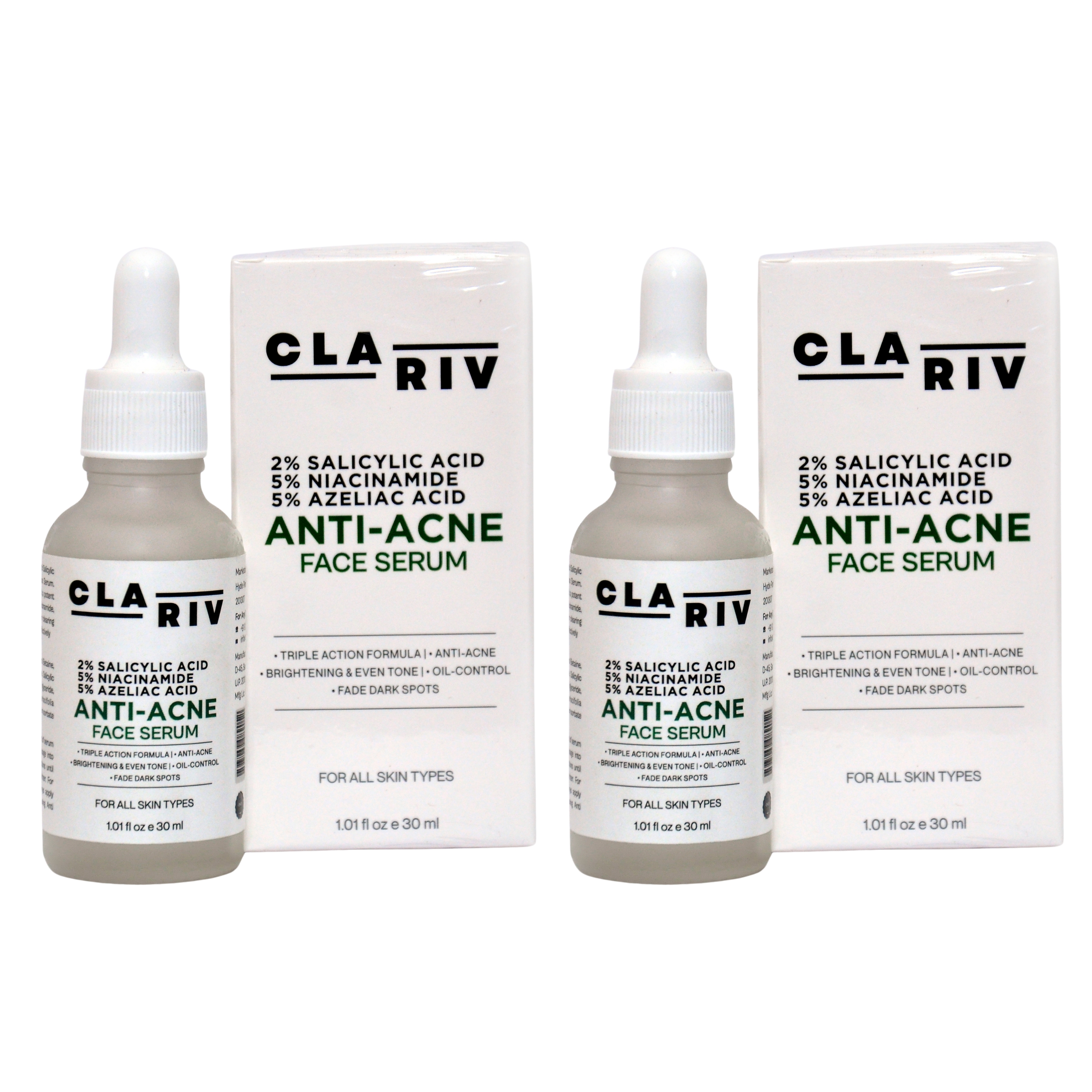 Pack of 2 CLARIV Anti- Acne Serum –  2% Salicylic Acid, 5% Niacinamide, 5% Azelaic Acid – Fights Breakouts, Clears Pores & Brightens Skin