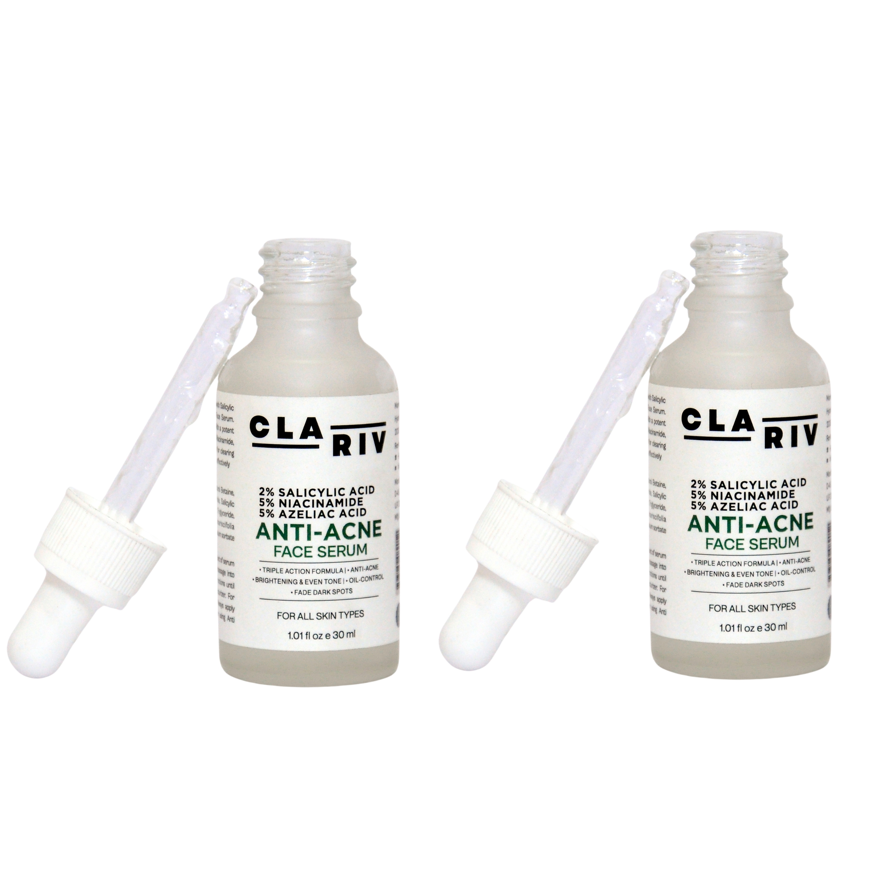 Pack of 2 CLARIV Anti- Acne Serum –  2% Salicylic Acid, 5% Niacinamide, 5% Azelaic Acid – Fights Breakouts, Clears Pores & Brightens Skin
