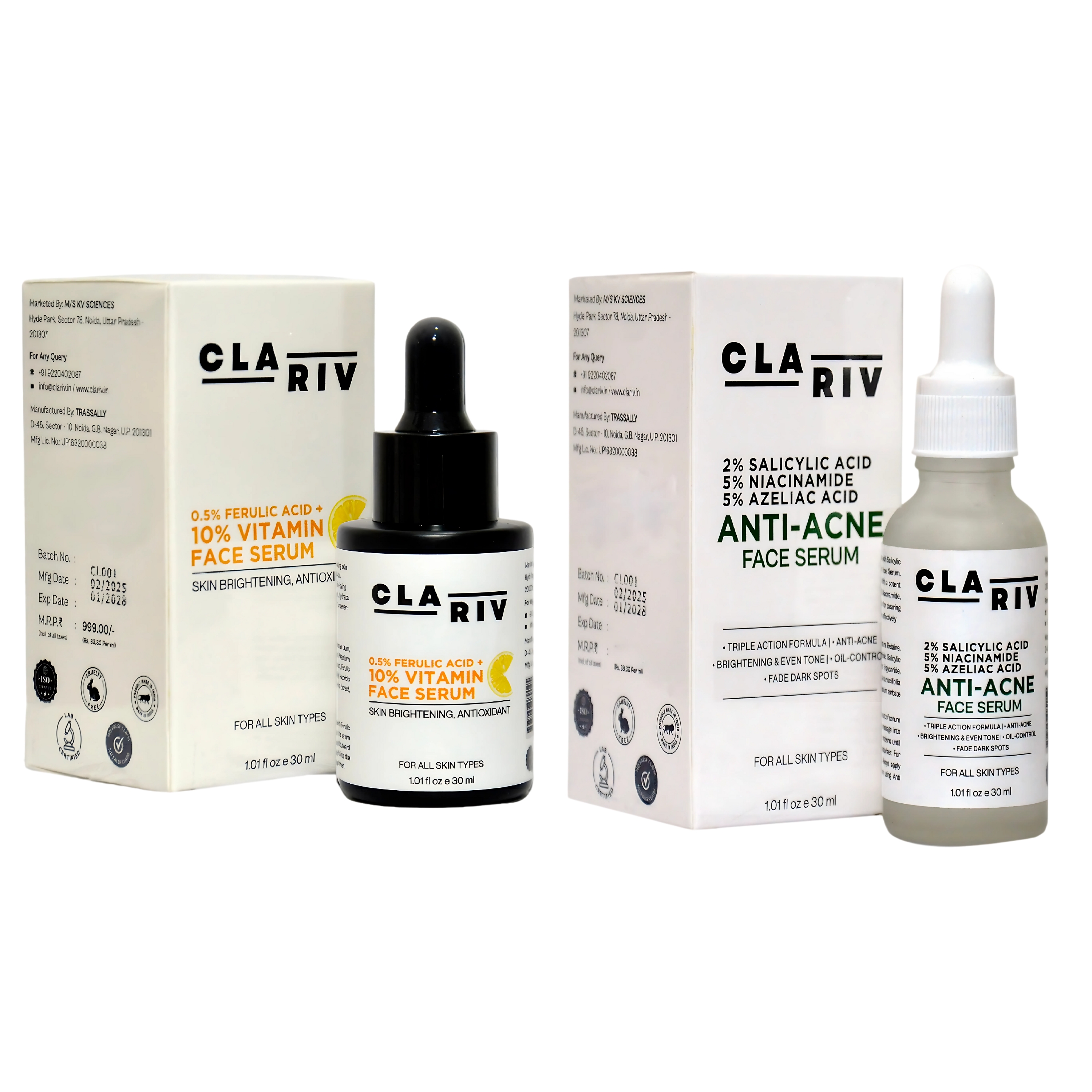 Pack of 2 - CLARIV Vitamin C & Anti-Acne Face Serum - 30ml Each