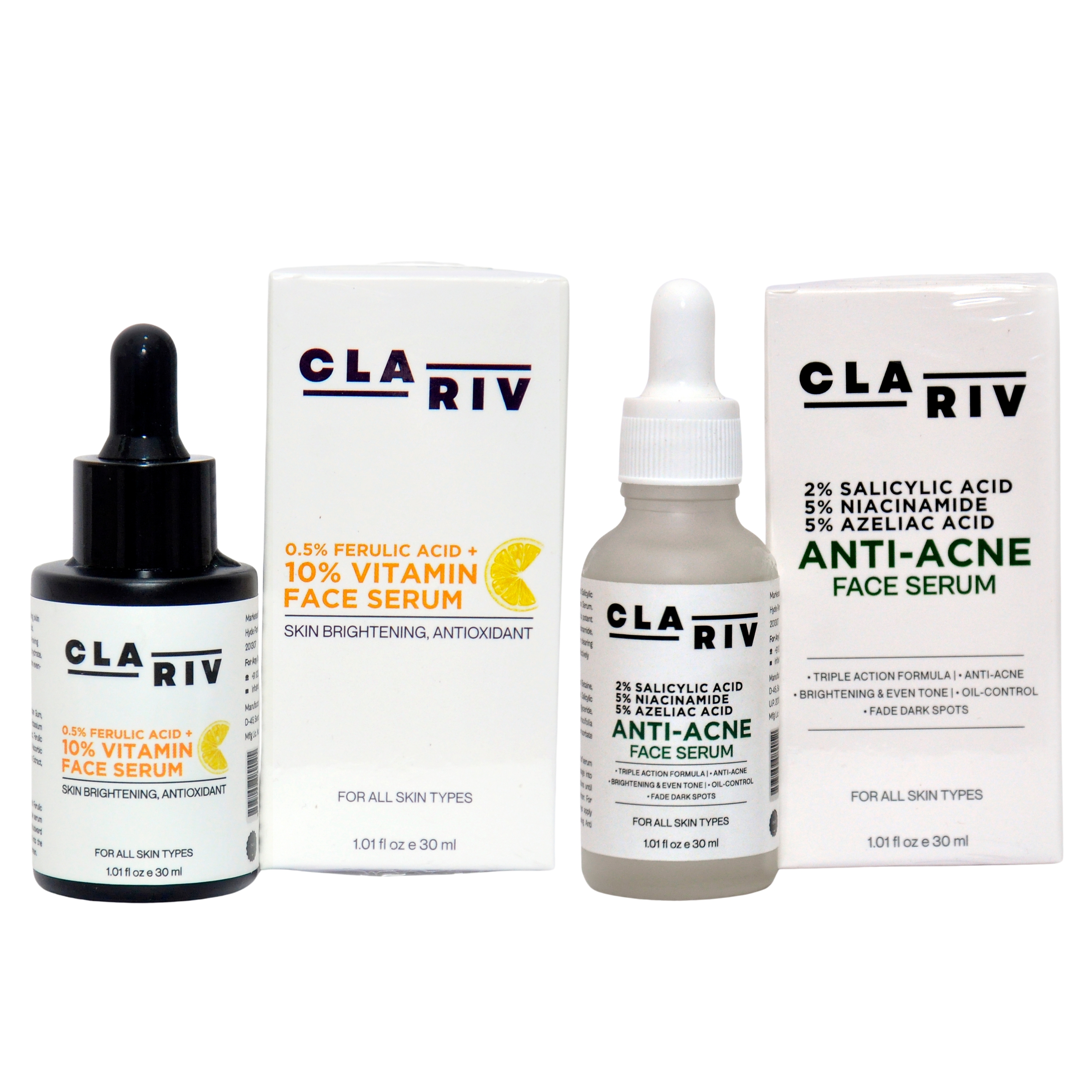 Pack of 2 - CLARIV Vitamin C & Anti-Acne Face Serum - 30ml Each