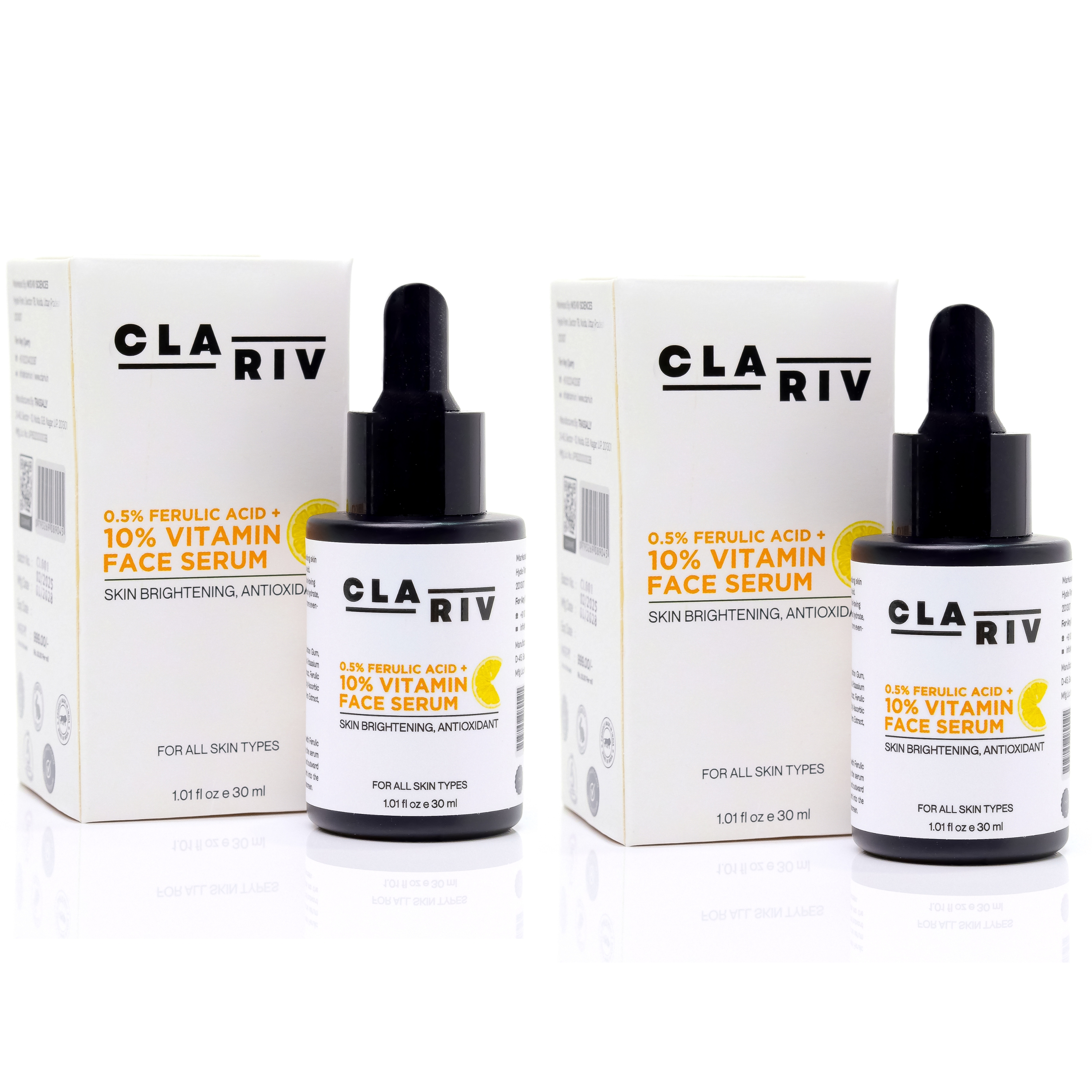 Pack of 2 - CLARIV Face Serum with 10% Vitamin C & 0.5% Ferulic Acid - 30 ML Each