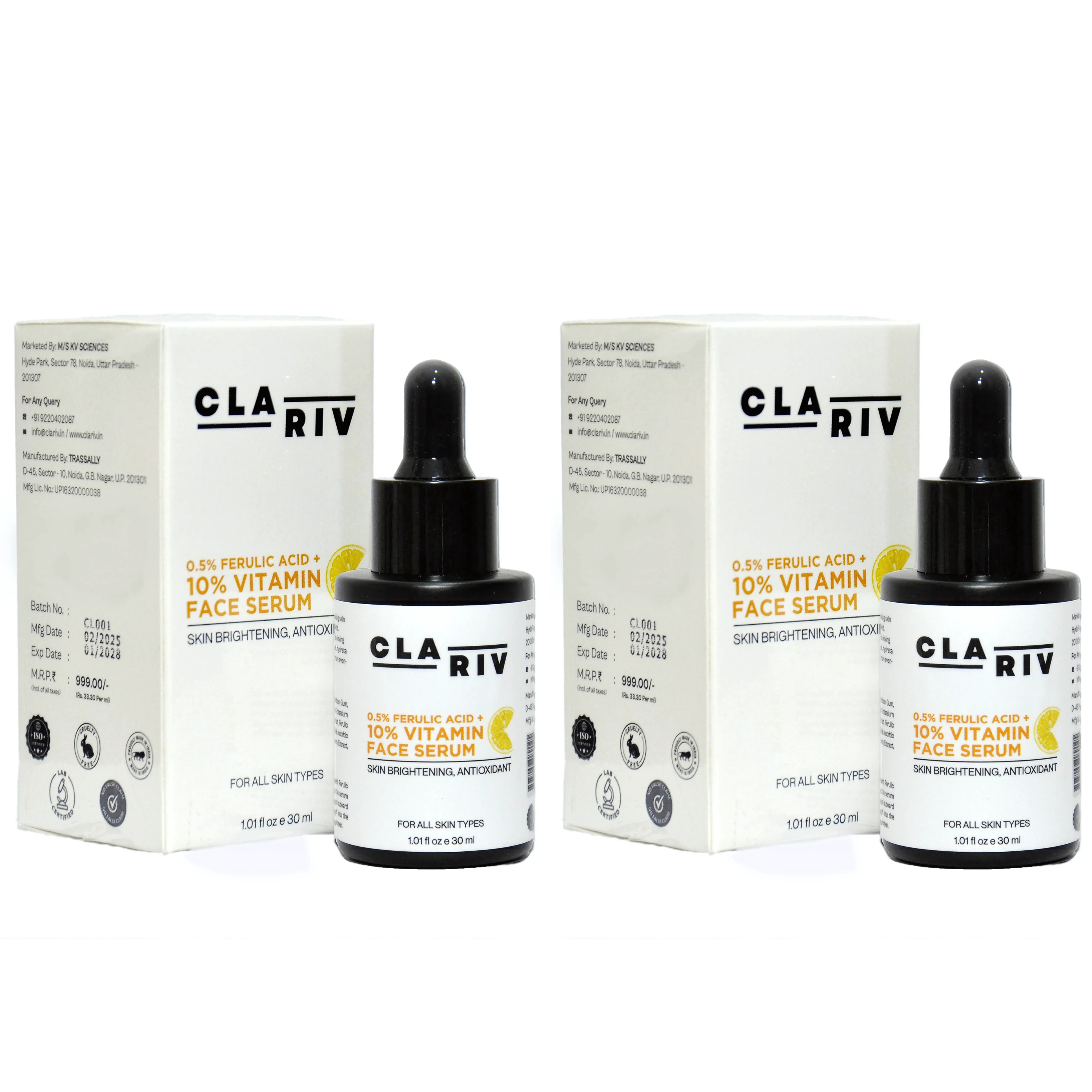Pack of 2 - CLARIV Face Serum with 10% Vitamin C & 0.5% Ferulic Acid - 30 ML Each