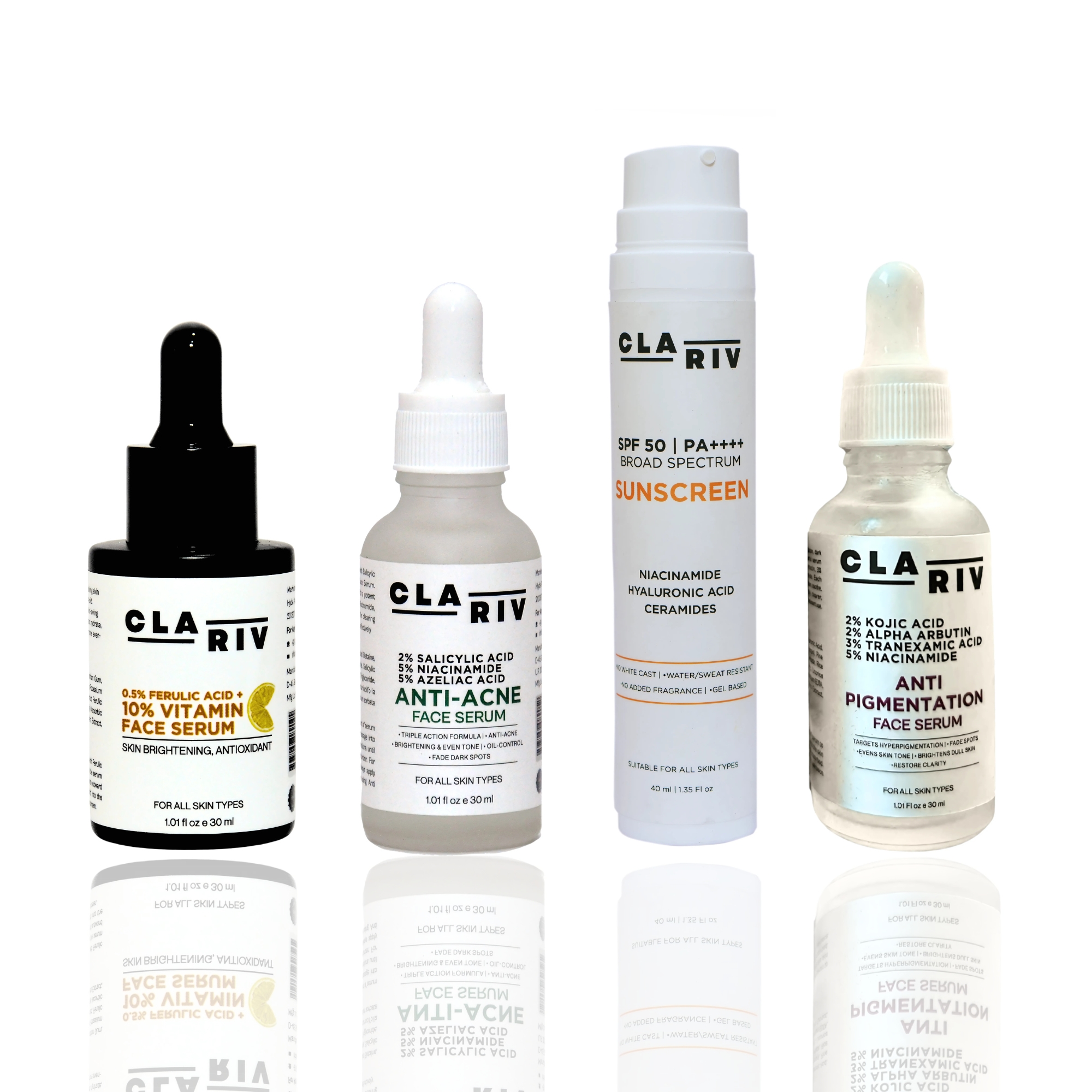 CLARIV Complete Skincare Combo Pack – Vitamin C Serum, Anti-Acne Serum, Anti-Pigmentation Serum & SPF 50 Sunscreen