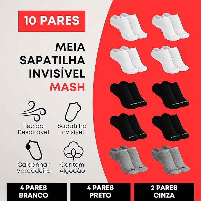 Kit 10 Pares de Meia Soquete Invisível Algodão Mash