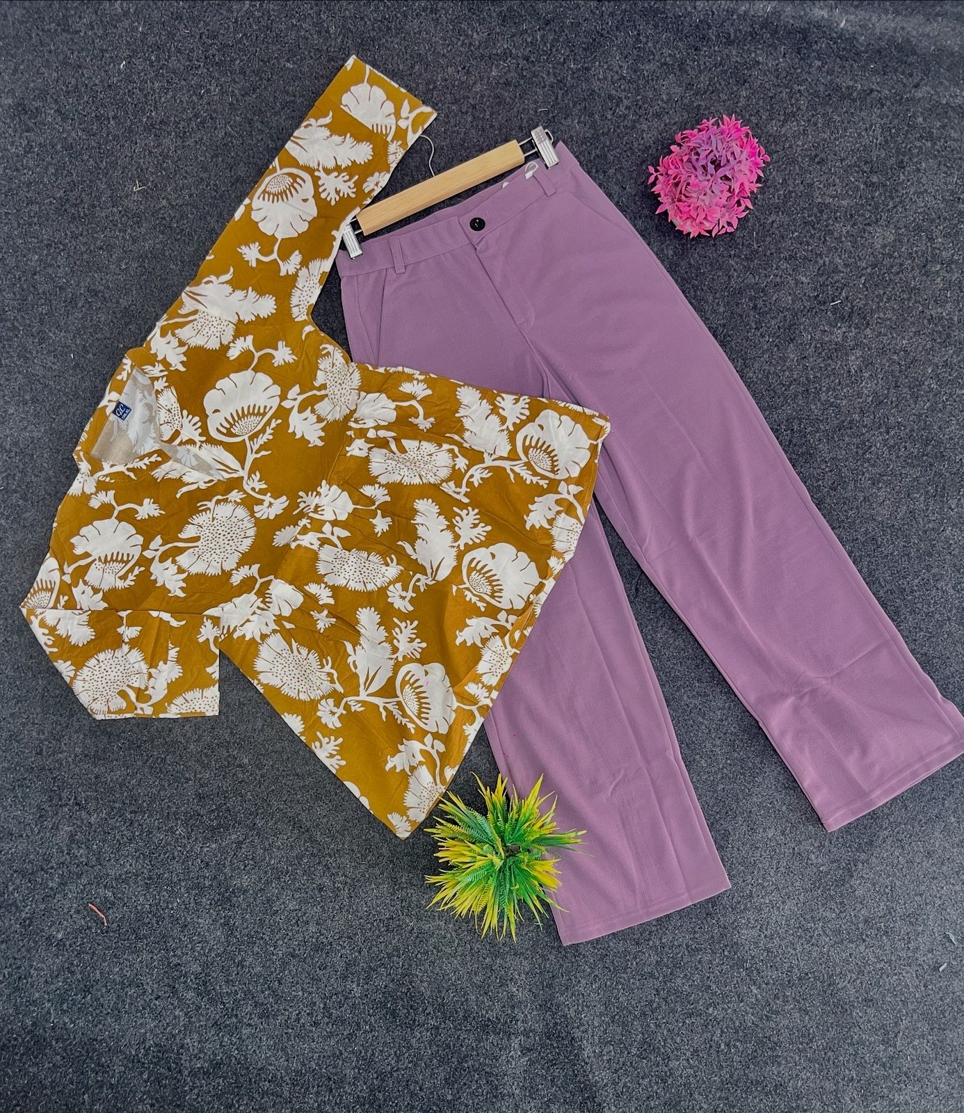 Floral Mustard Top and Lilac Pants Set