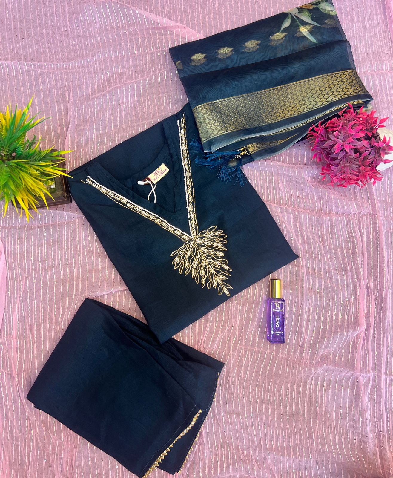 Elegant Navy Blue Embroidered Suit Set