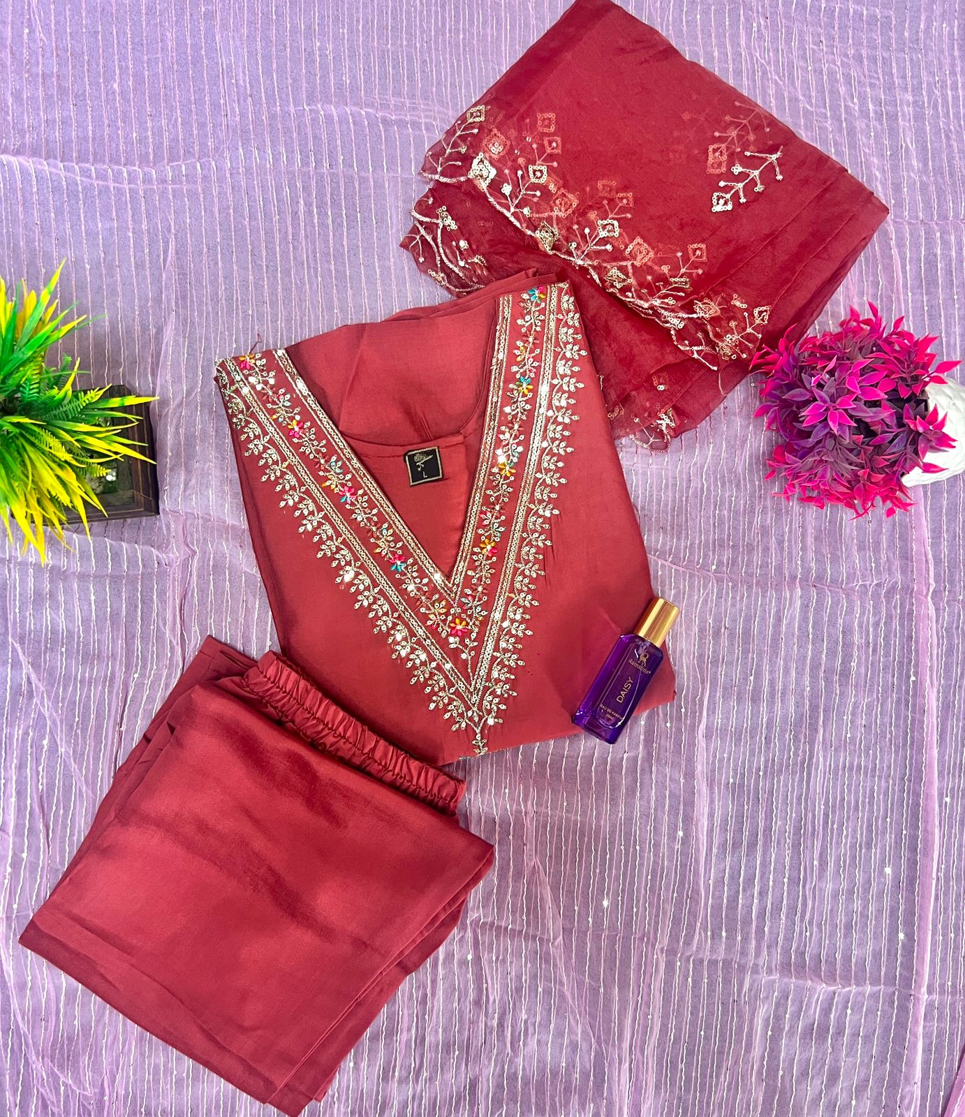 Embroidered Maroon Three-Piece Suit