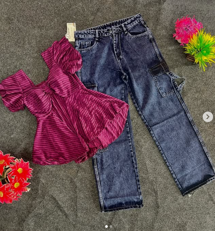 Girls' Fashionable Top and Black Jeans Set