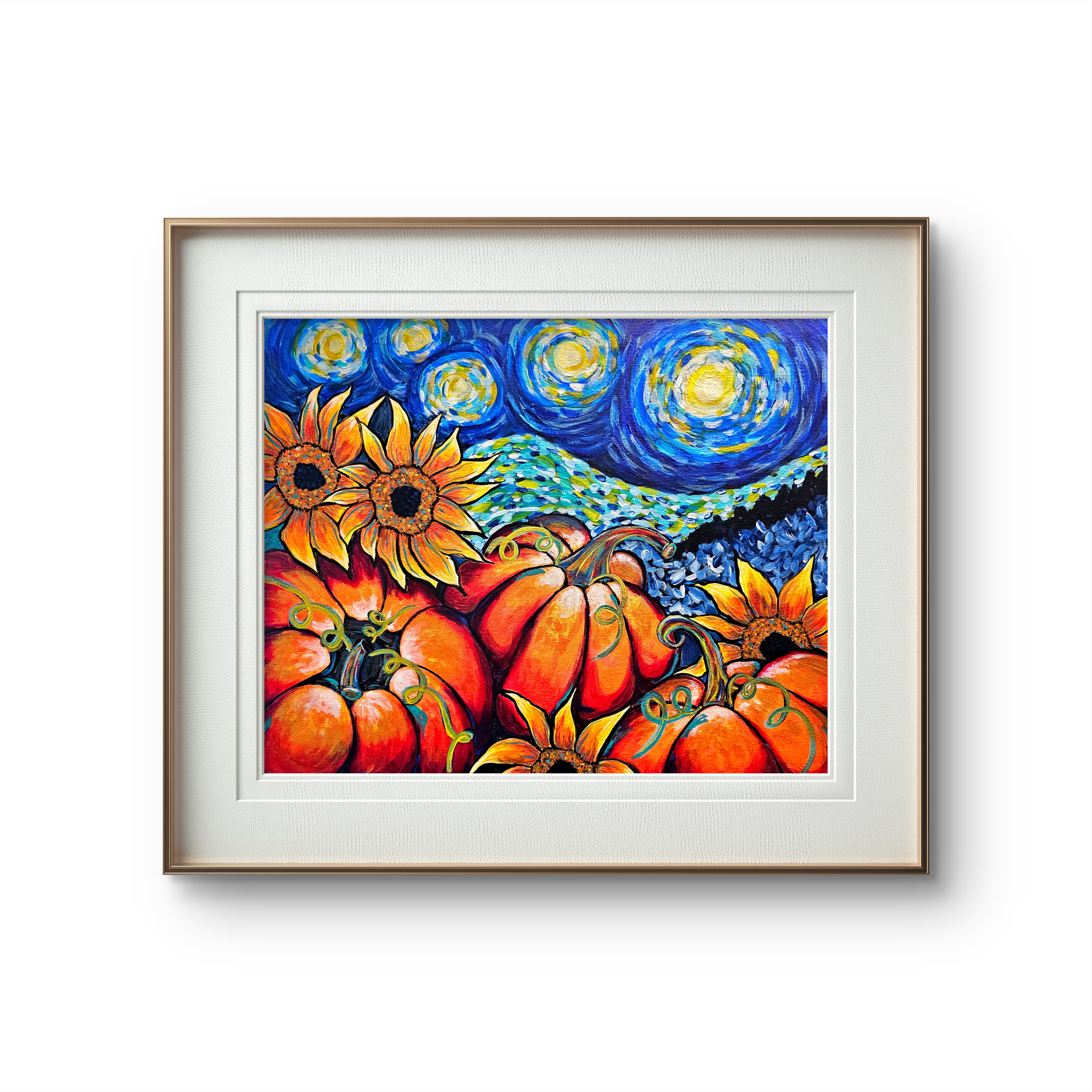 Pumpkin and Sunflower Starry Night Art Print