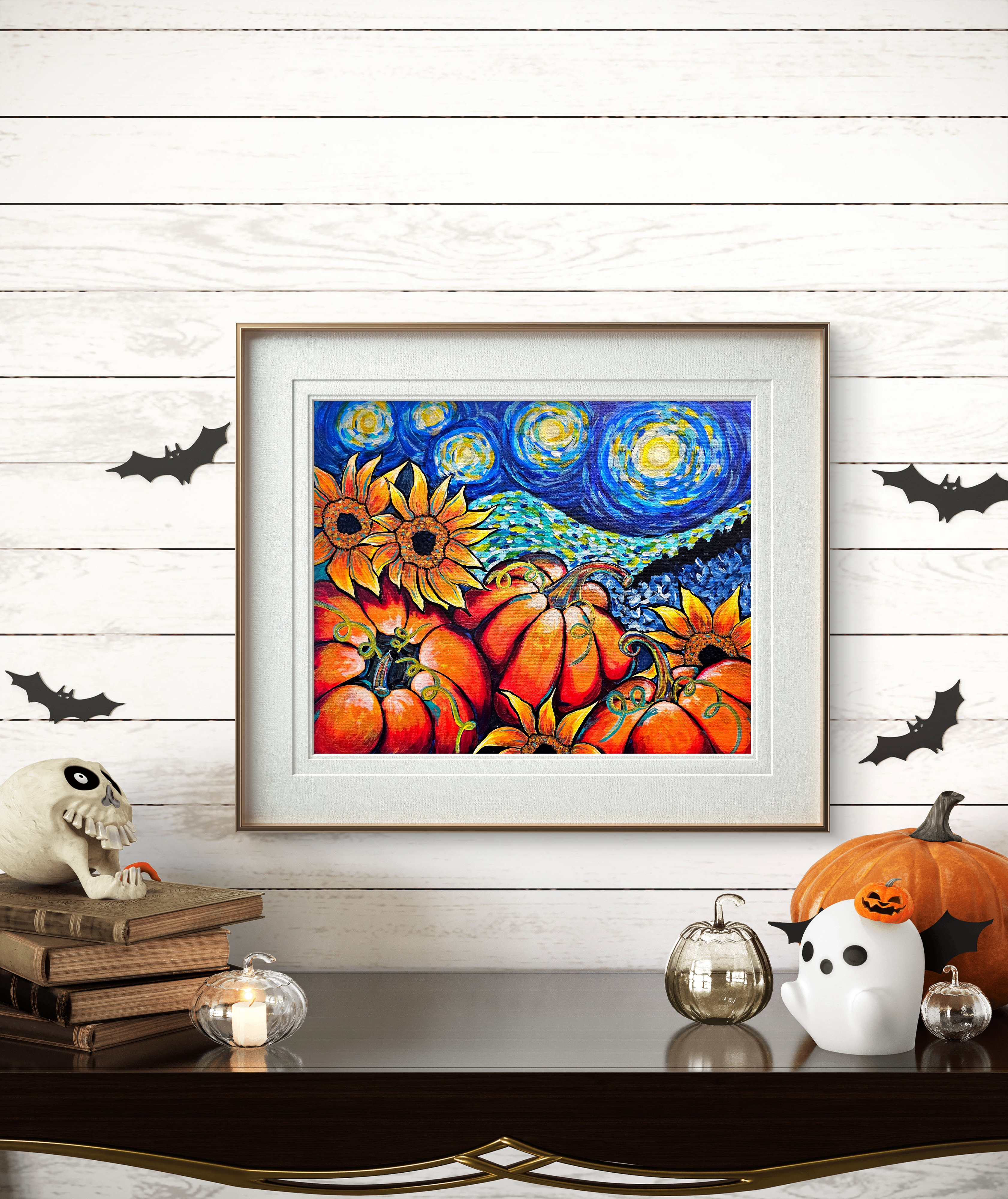 Pumpkin and Sunflower Starry Night Art Print