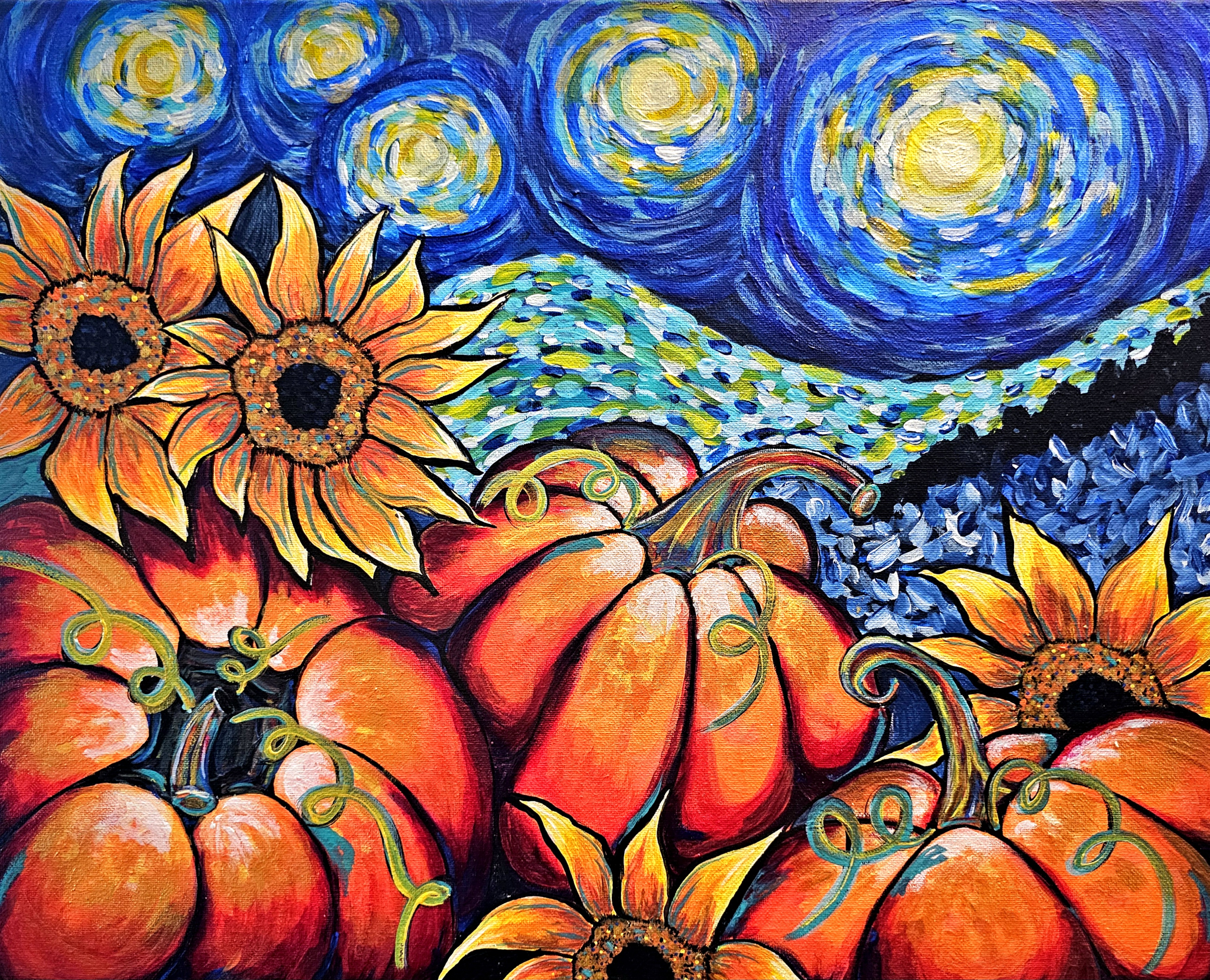 Pumpkin and Sunflower Starry Night Art Print