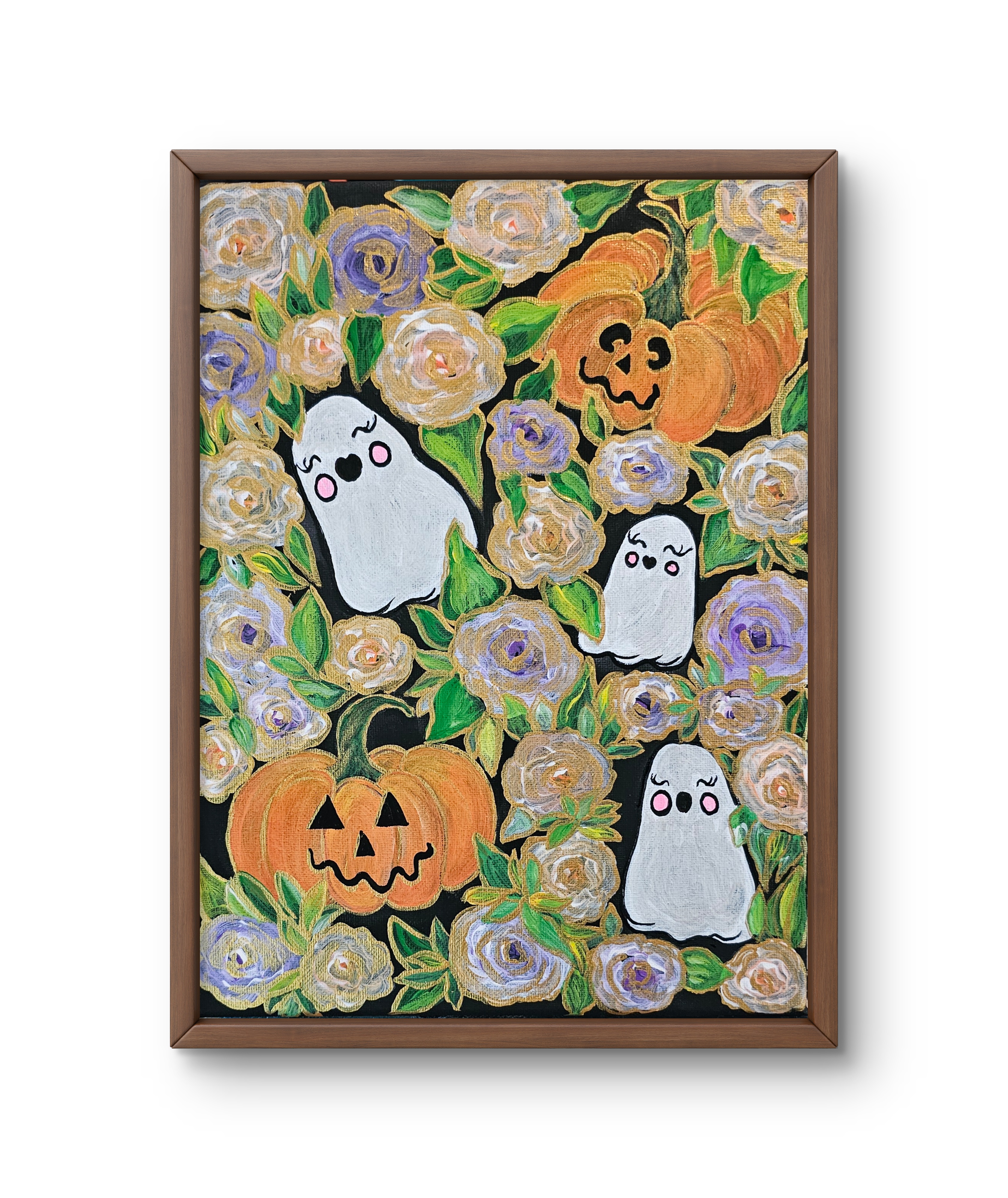 Halloween Ghost and Pumpkin Floral Art Print