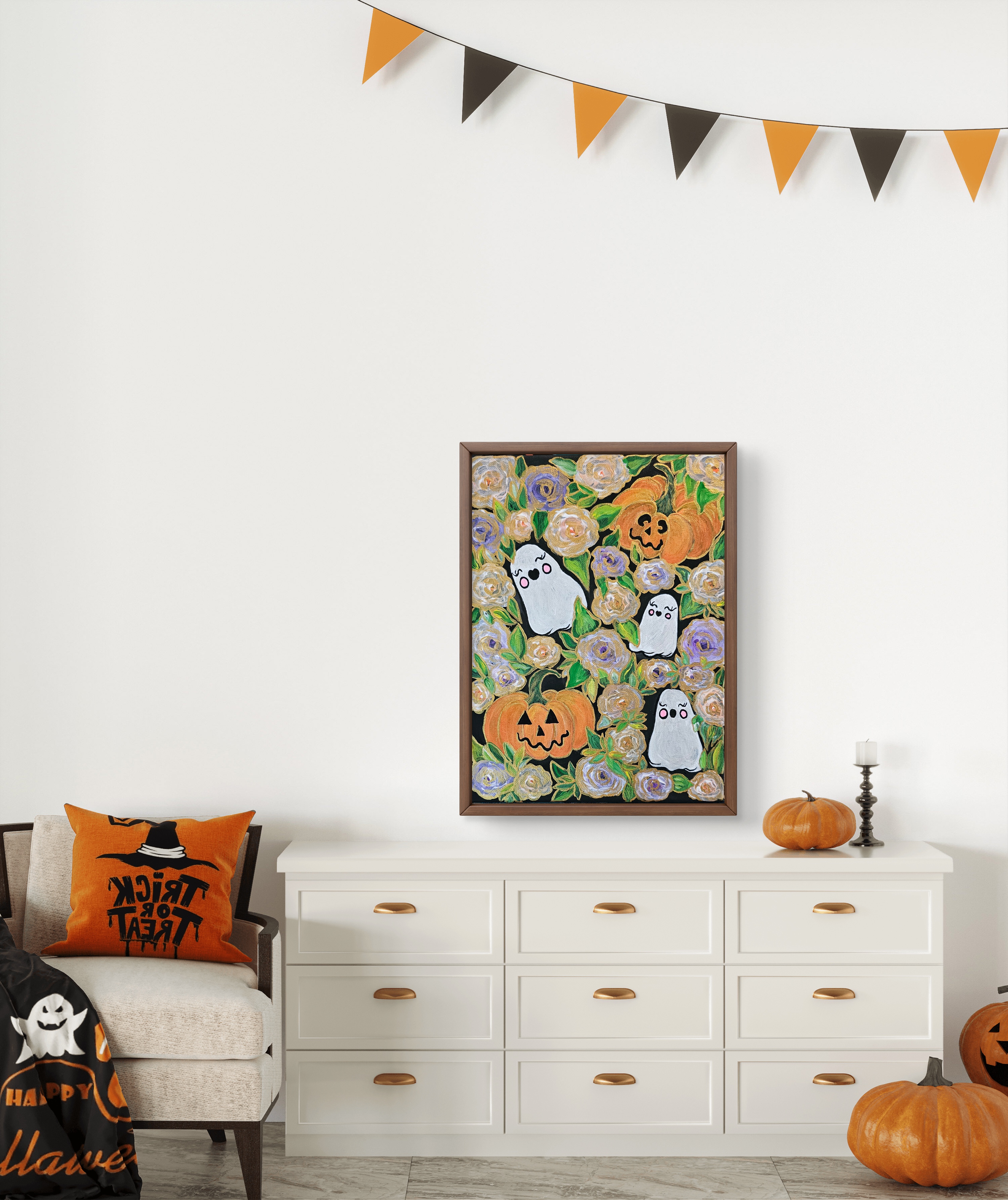Halloween Ghost and Pumpkin Floral Art Print