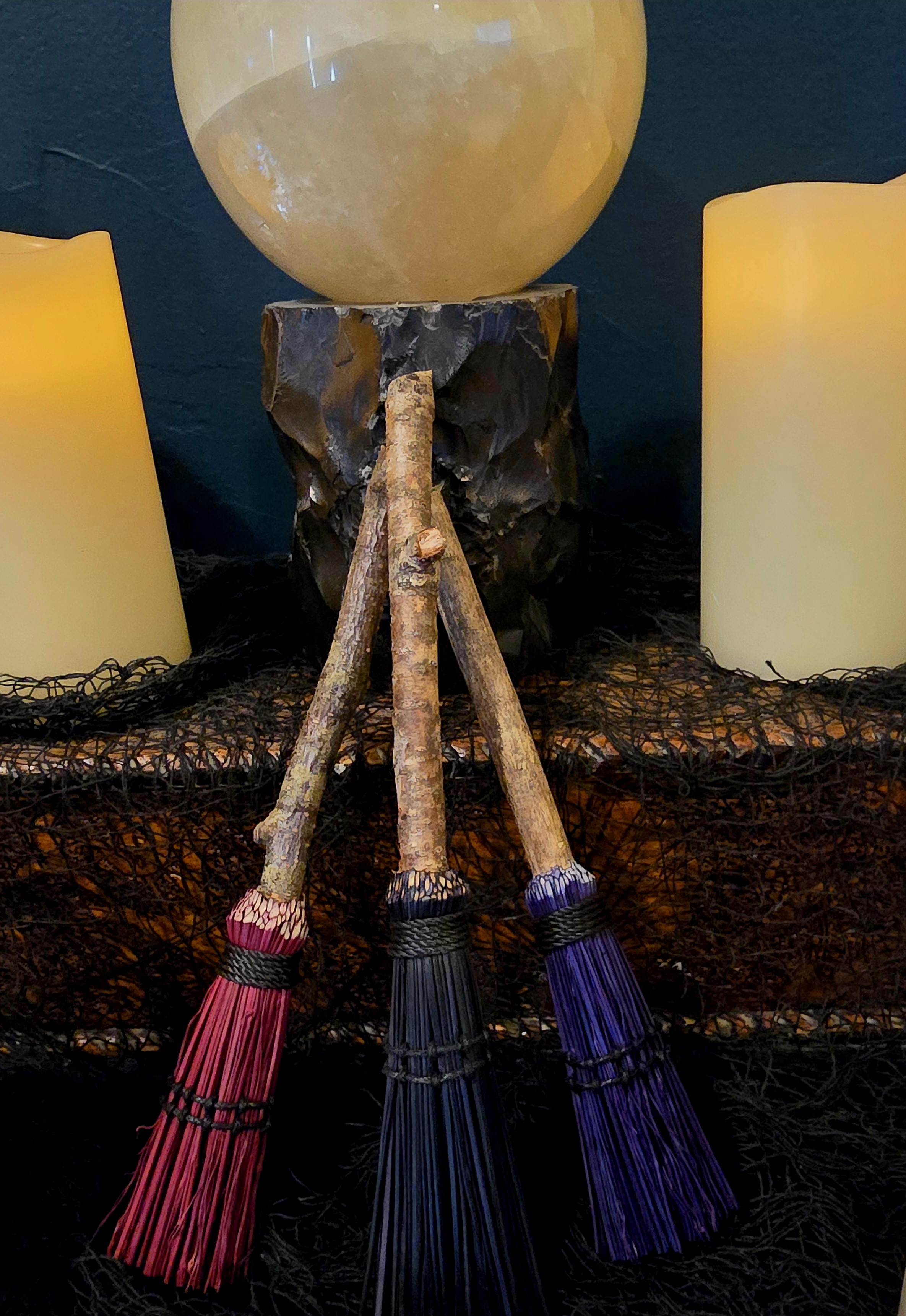 3 Pack Hand tied Alter Besoms Black, Purple, and Wine.