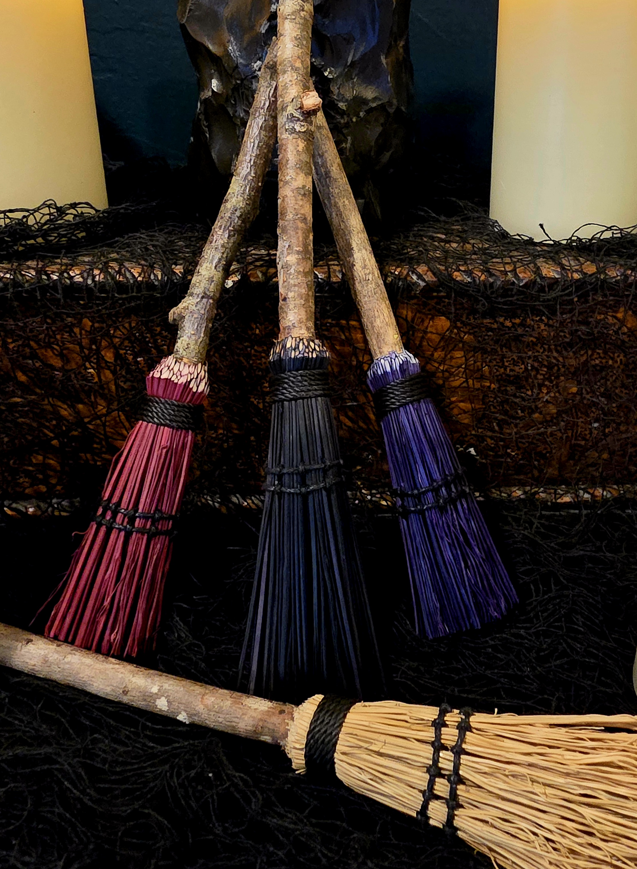 4 Pack Hand tied Alter Besoms Black, Purple, and Wine.