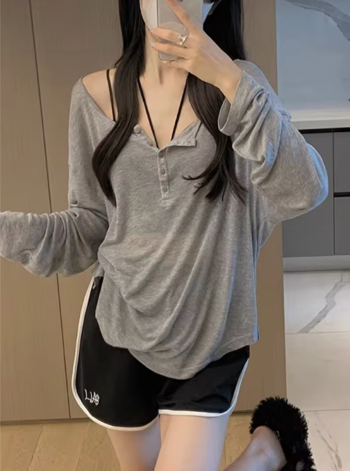 Oversized Grey Henley Top