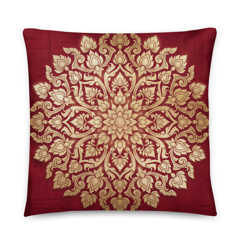 Luxury Cambodian Kbach Throw Pillow 22x22 Red Gold Silk Style Khmer Deco Cushion