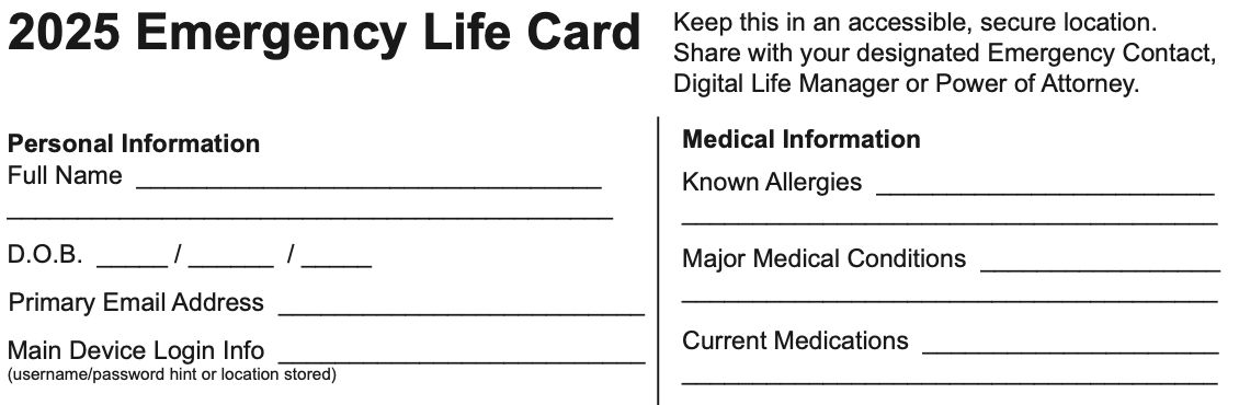 2025 Emergency Life Card