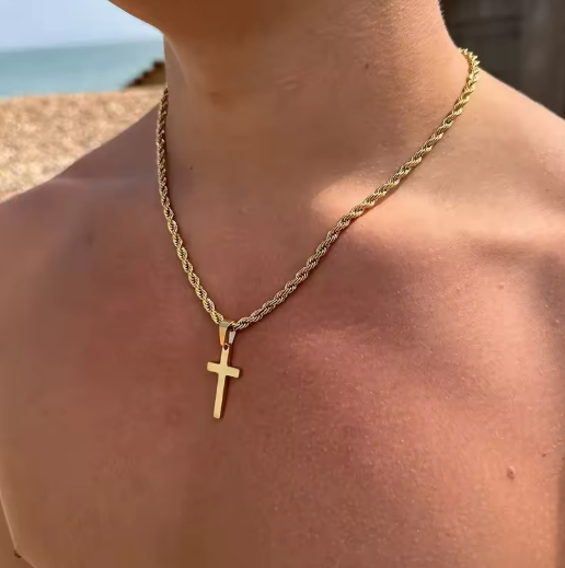 Gold Rope Chain Cross Necklace