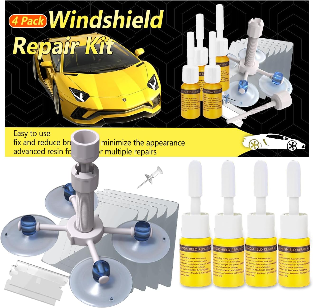 Windshield Crack Repair Kit, Windshield Repair Kit for Chips and Cracks, 4 Pcs Car Glass Repair Kit, Cracks Gone Glass Repair Kit Automotive Quick Fix for Chips, Cracks, Star-Shaped Crack, Bulls-Eye