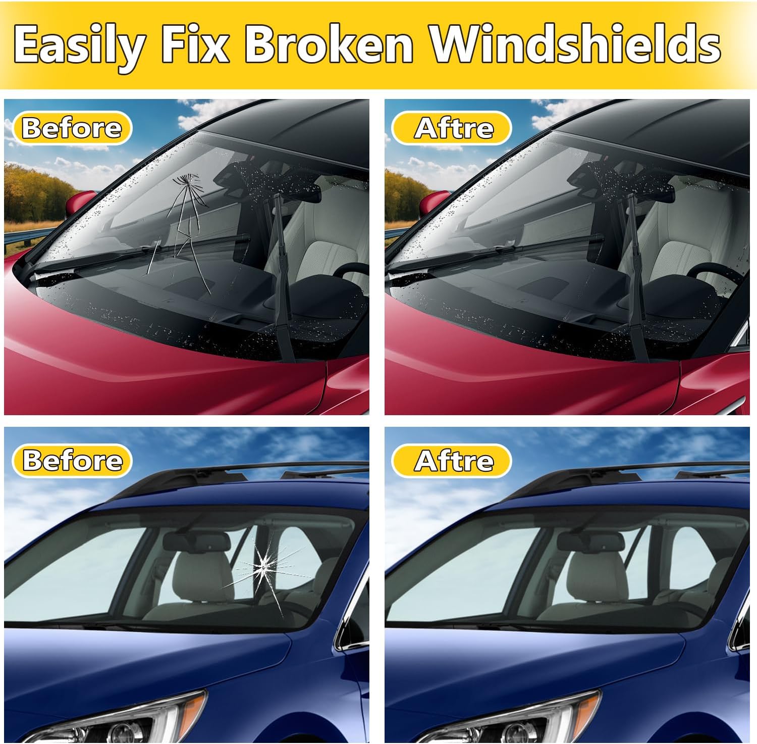 Windshield Crack Repair Kit, Windshield Repair Kit for Chips and Cracks, 4 Pcs Car Glass Repair Kit, Cracks Gone Glass Repair Kit Automotive Quick Fix for Chips, Cracks, Star-Shaped Crack, Bulls-Eye