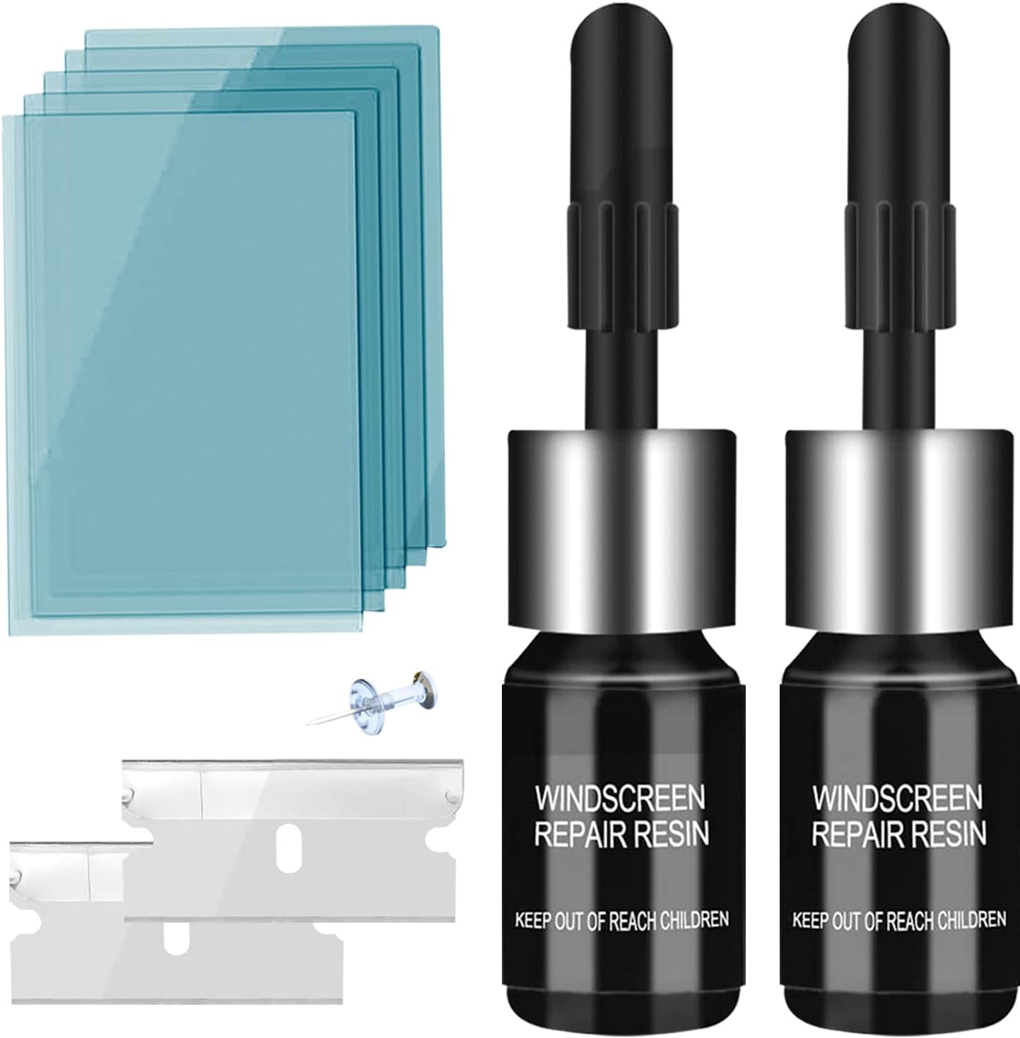 Windshield Crack Repair Kit, Car Window Cracks Gone Glass Repair Fluid, 2 Bottles Nano Glass Crack Repair Liquid Quick Windshield Repair for Chips and Cracks, Bulls-Eye and Star-Shaped Crack, black
