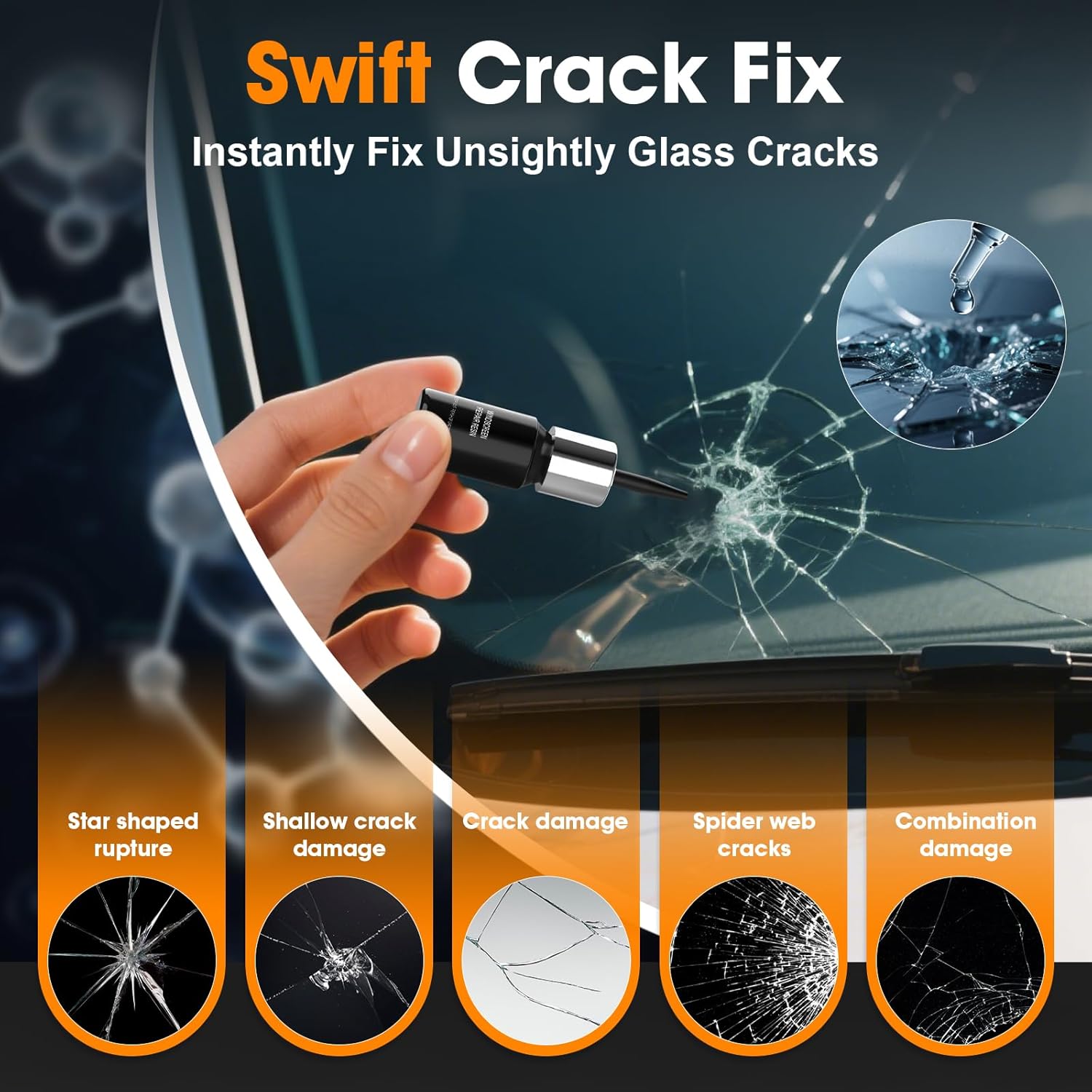 Windshield Repair Kit, Windshield Crack Repair kit with Enhanced Injection Head, Windscreen Chip Repair Kit to Repair Scratches, Cracks, and Star-Shaped Crack