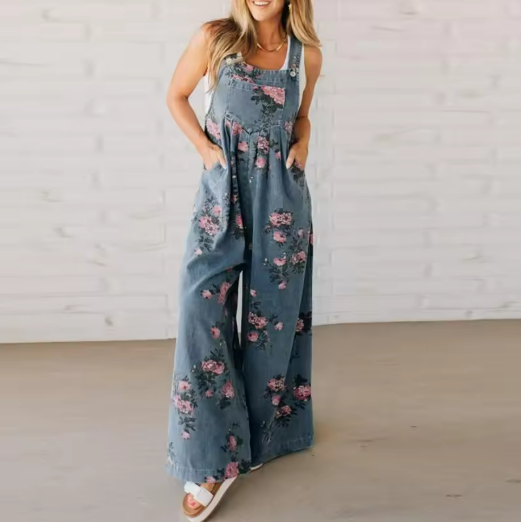 Floral Print Denim Overalls