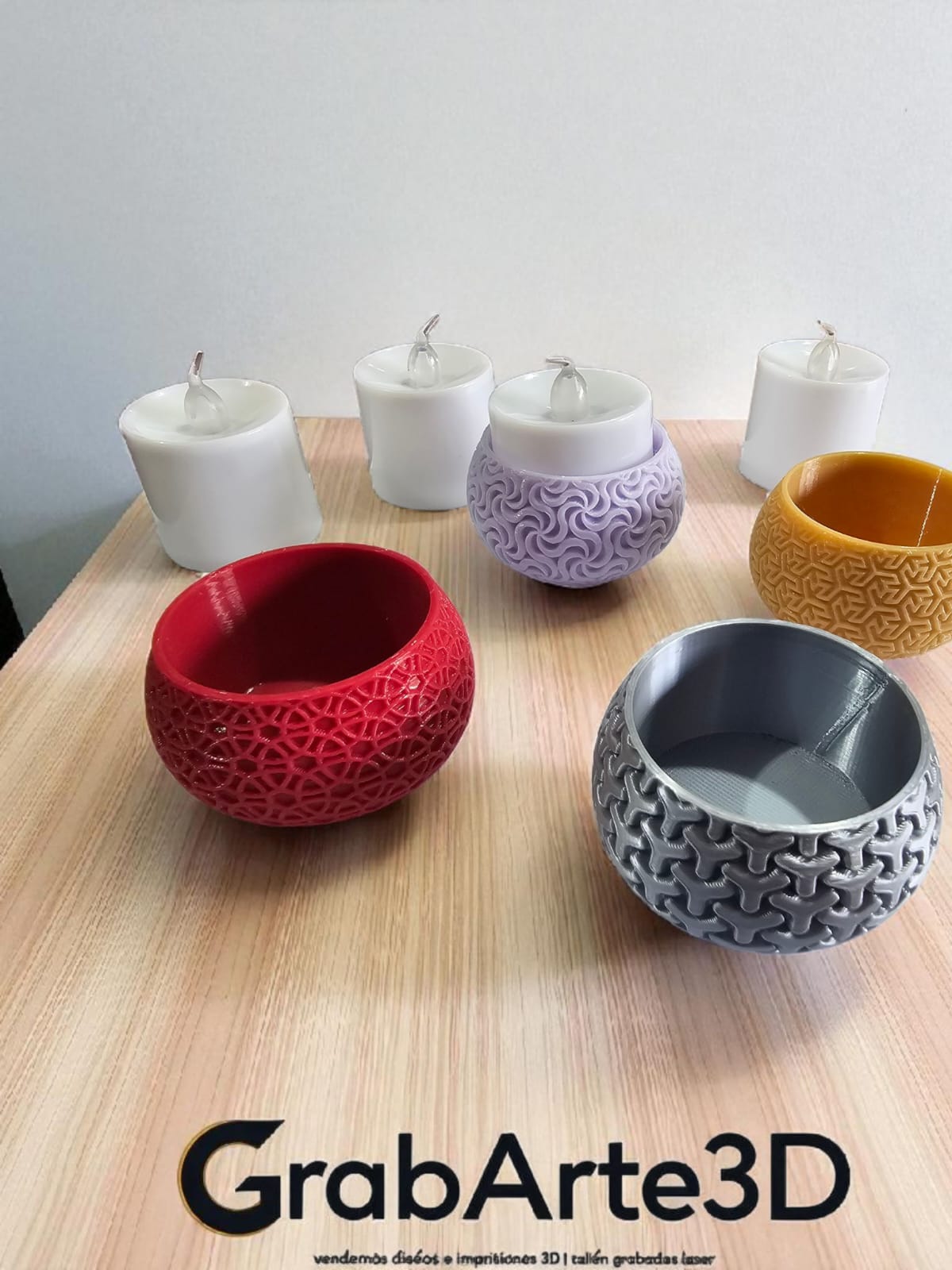 Combo x4 Portavelas decorativas impresas en 3D con velas LED