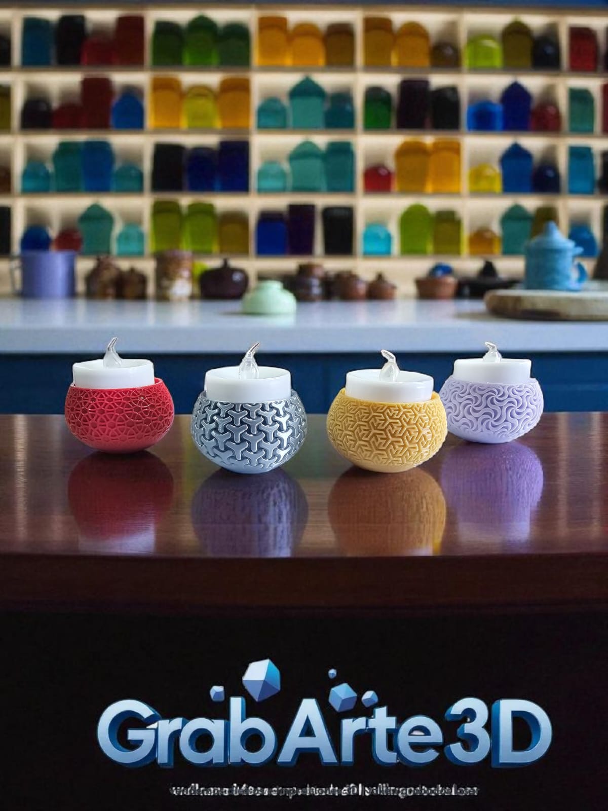 Portavelas decorativas impresas en 3D con velas LED