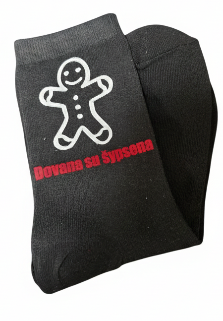 Juodos kojinės su imbierinio žmogeliuko piešiniu