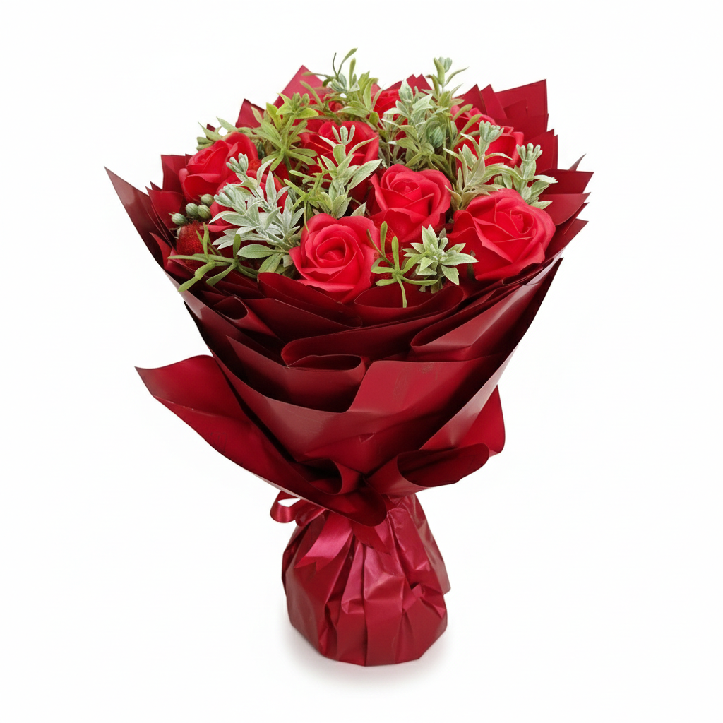 Raudonų muilo rožių puokštė