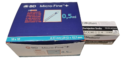 100 Syringe swab kit - BD Micro Fine 29G 12mm 0.5ml 100 syringes plus 100 swabs
