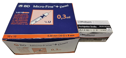 100 Syringe swab kit - BD Micro Fine Demi 30G 8mm 0.3ml 100 syringes plus 100 sterile swabs kit