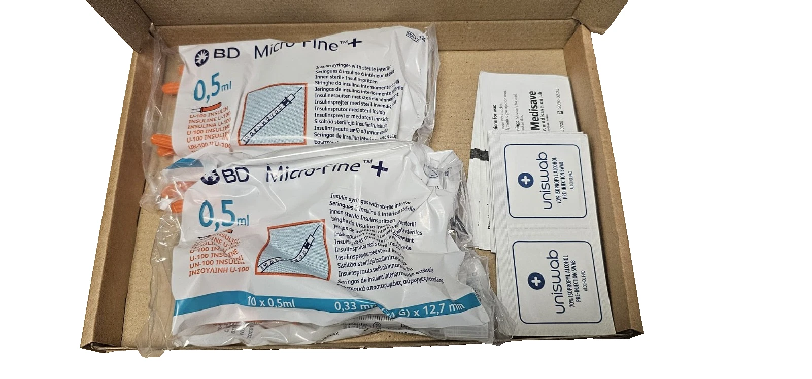 20 Syringe swab kit - BD Micro Fine 29G 12mm 0.5ml 20 syringes plus 20 swabs