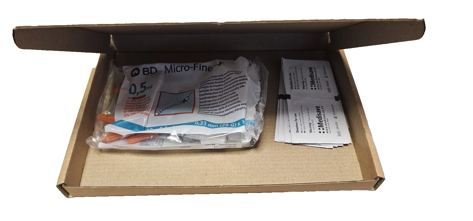 10 Syringe swab kit - BD Micro Fine 29G 12mm 0.5ml 10 syringes plus 10 swabs