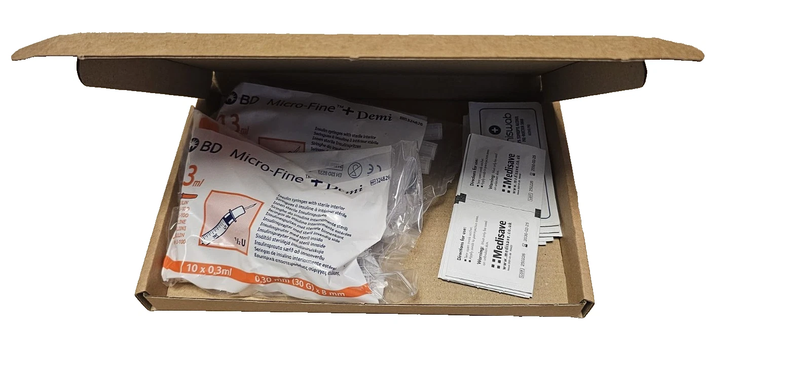 20 Syringe swab kit - BD Micro Fine Demi 30G 8mm 0.3ml 20 syringes plus 20 sterile swabs kit